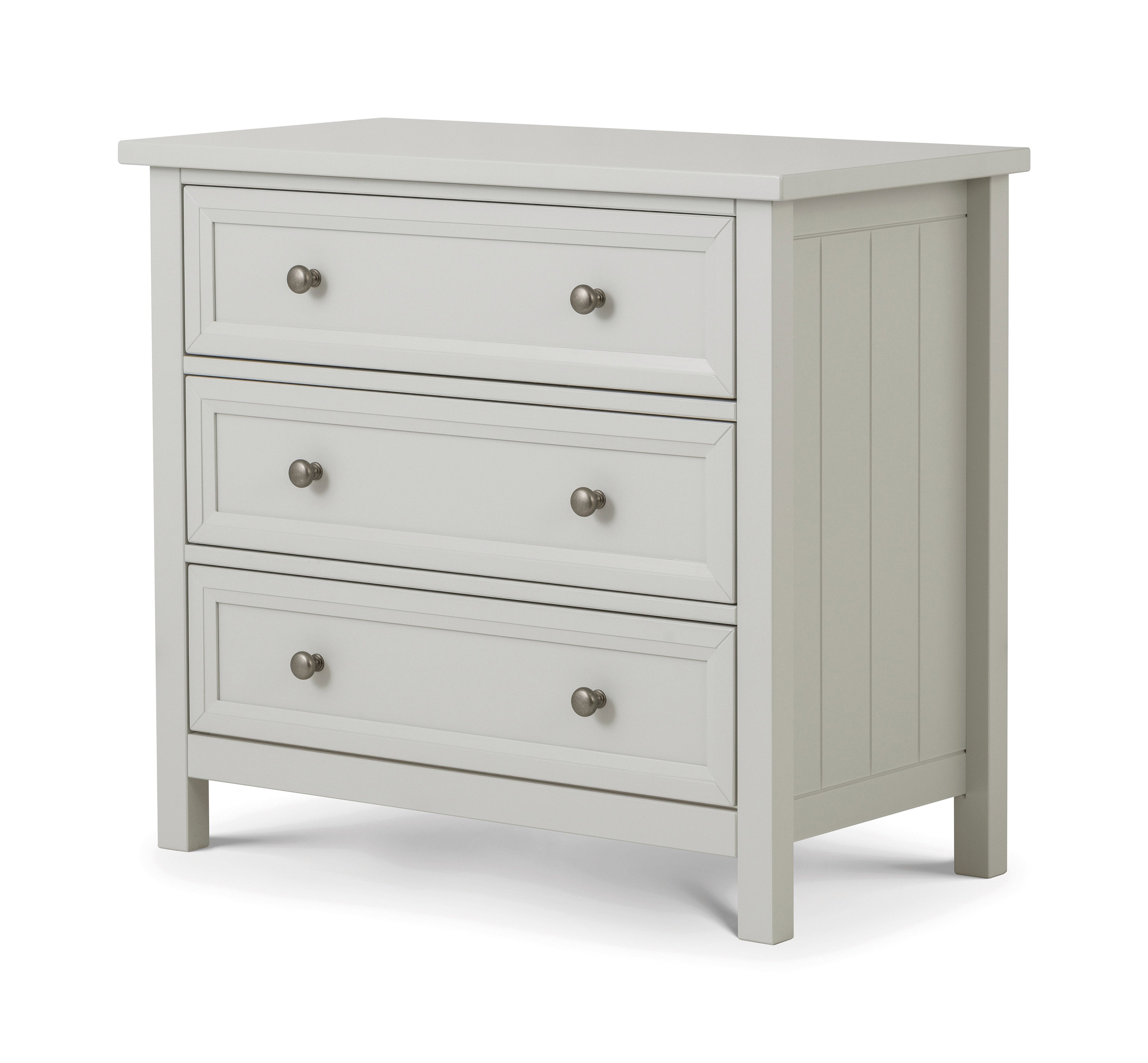 Gray dresser with three drawers on a white background