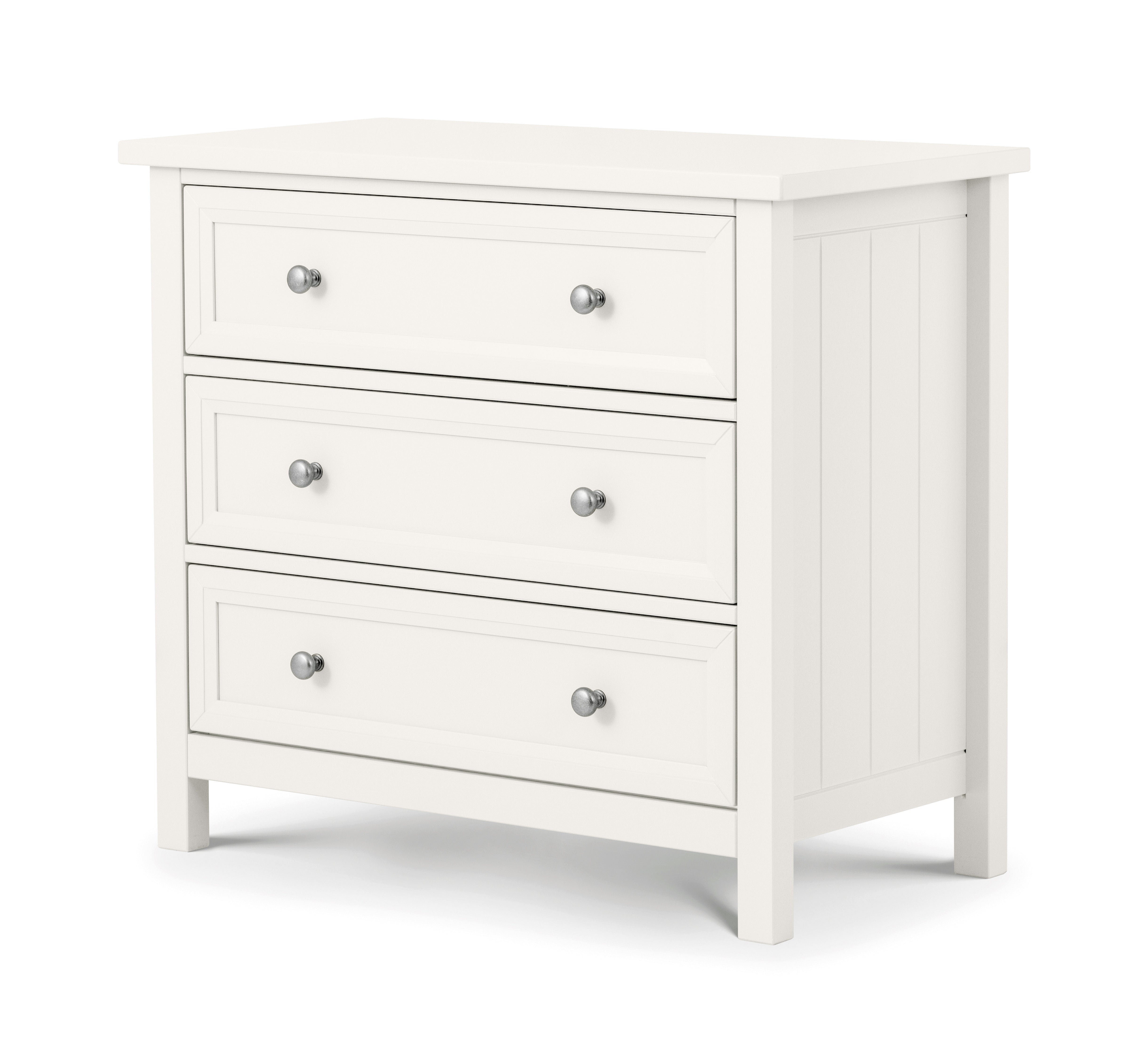 White dresser with three drawers on a white background