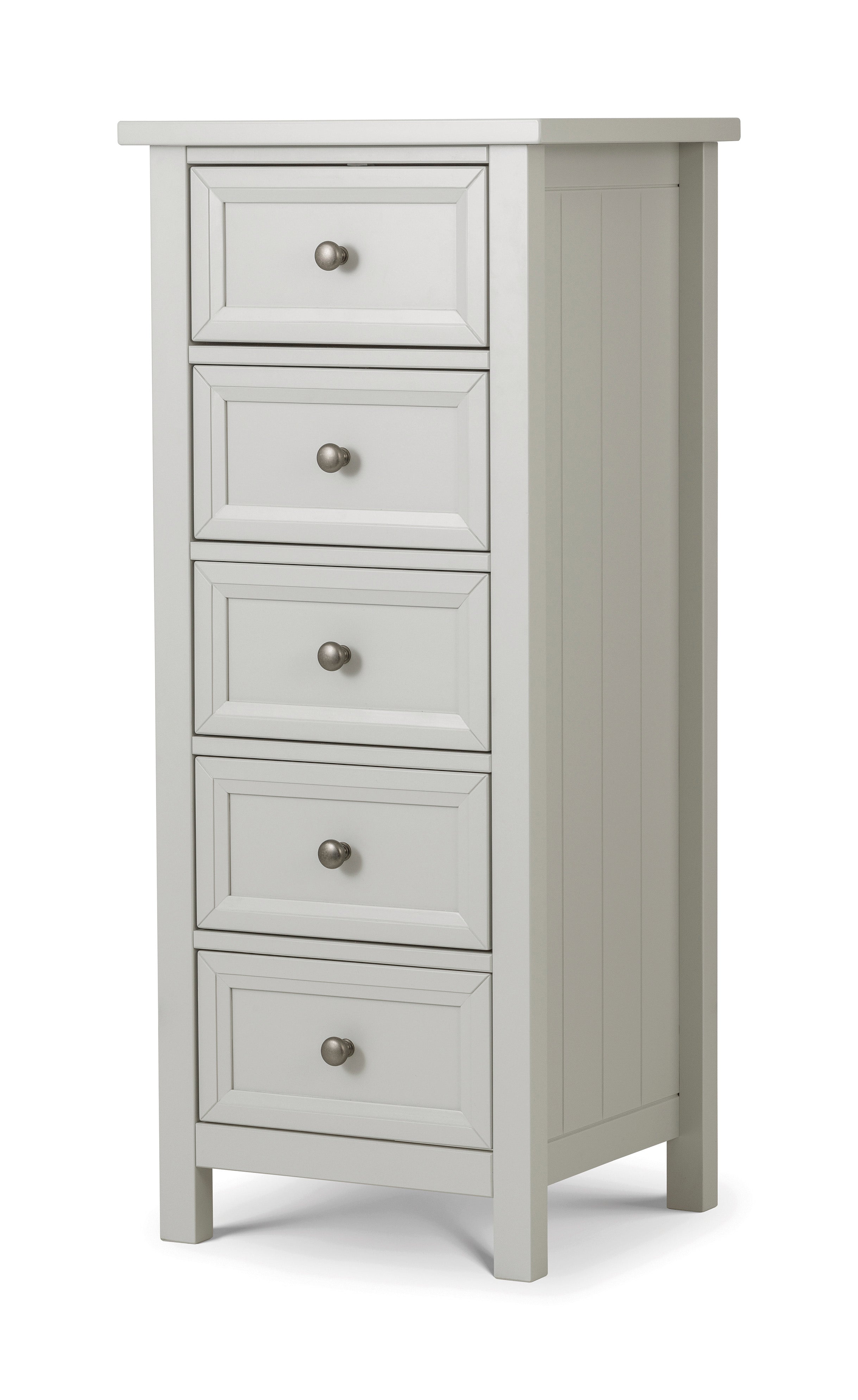Gray wooden cabinet with four drawers on a white background