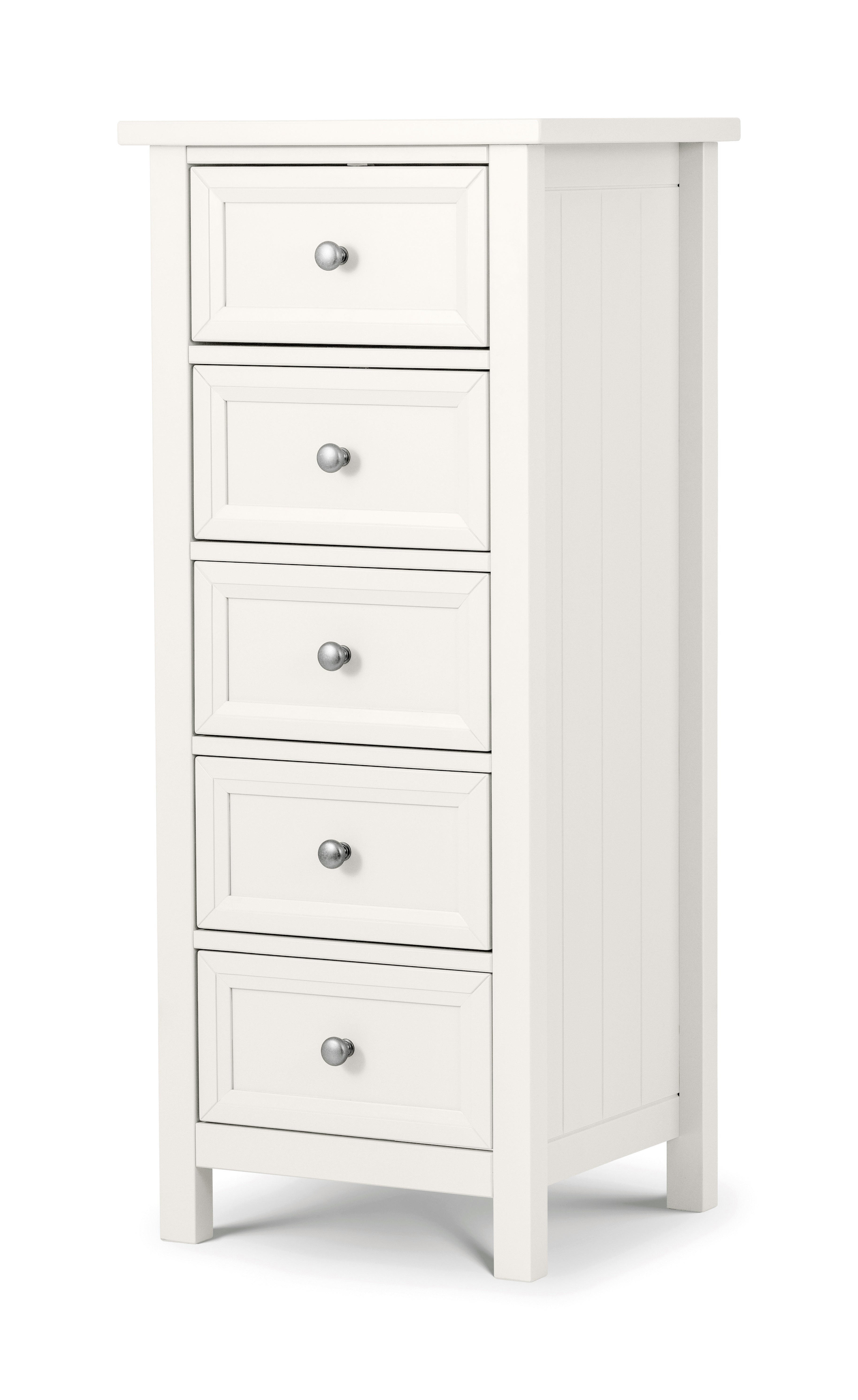 White wooden cabinet with four drawers on a white background