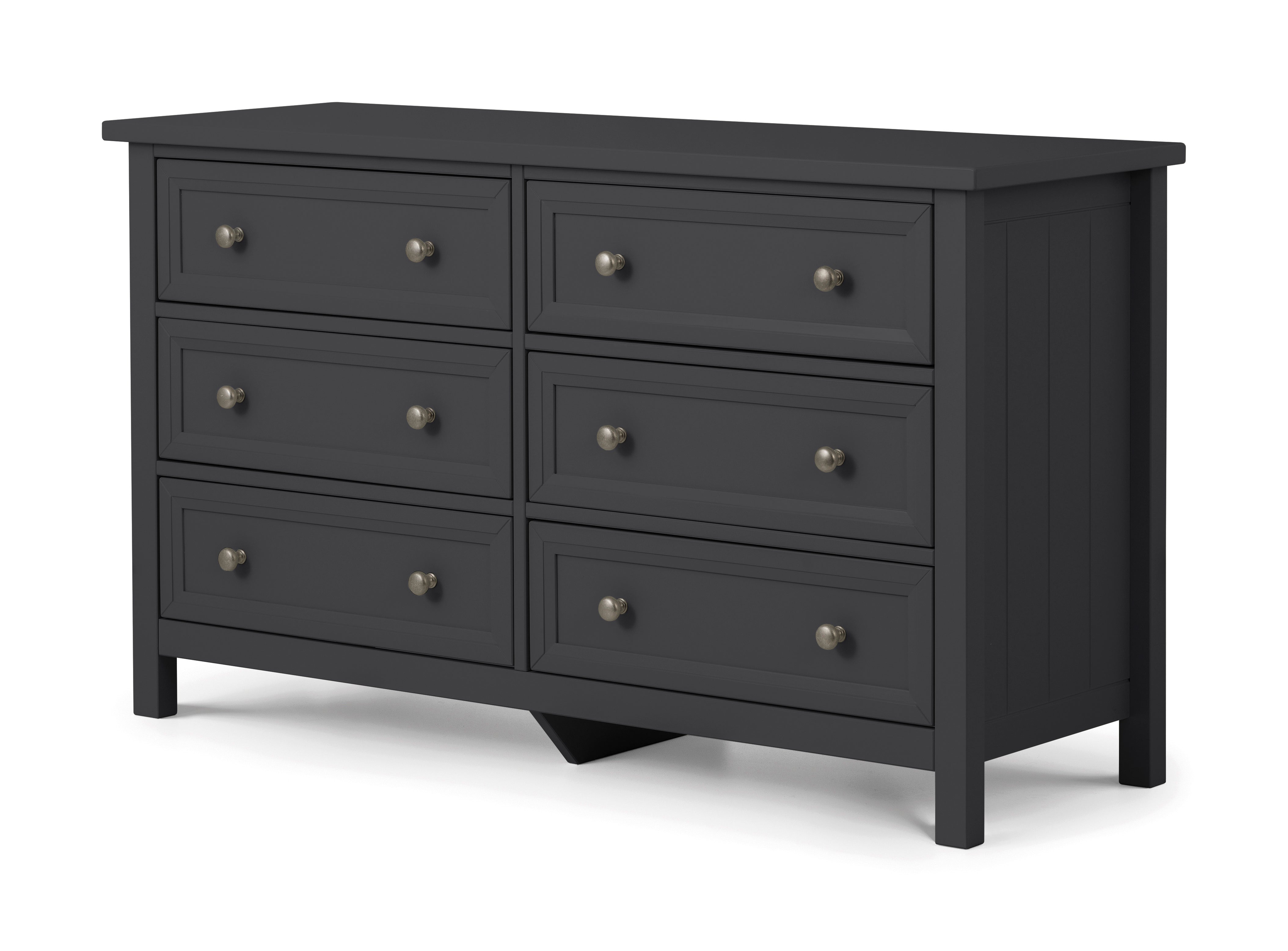 Dark grey dresser with six drawers on a white background