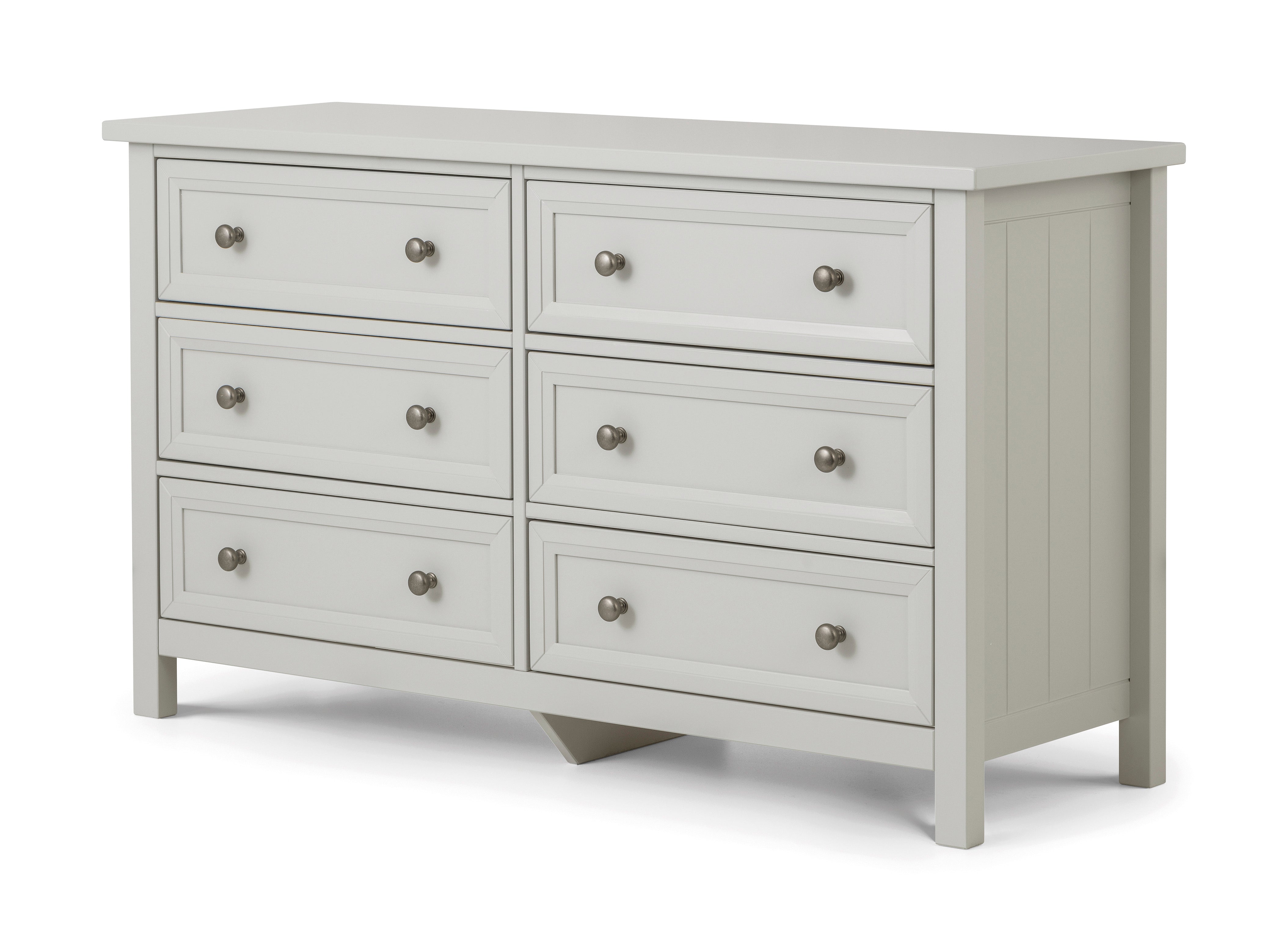 Gray dresser with multiple drawers on a white background