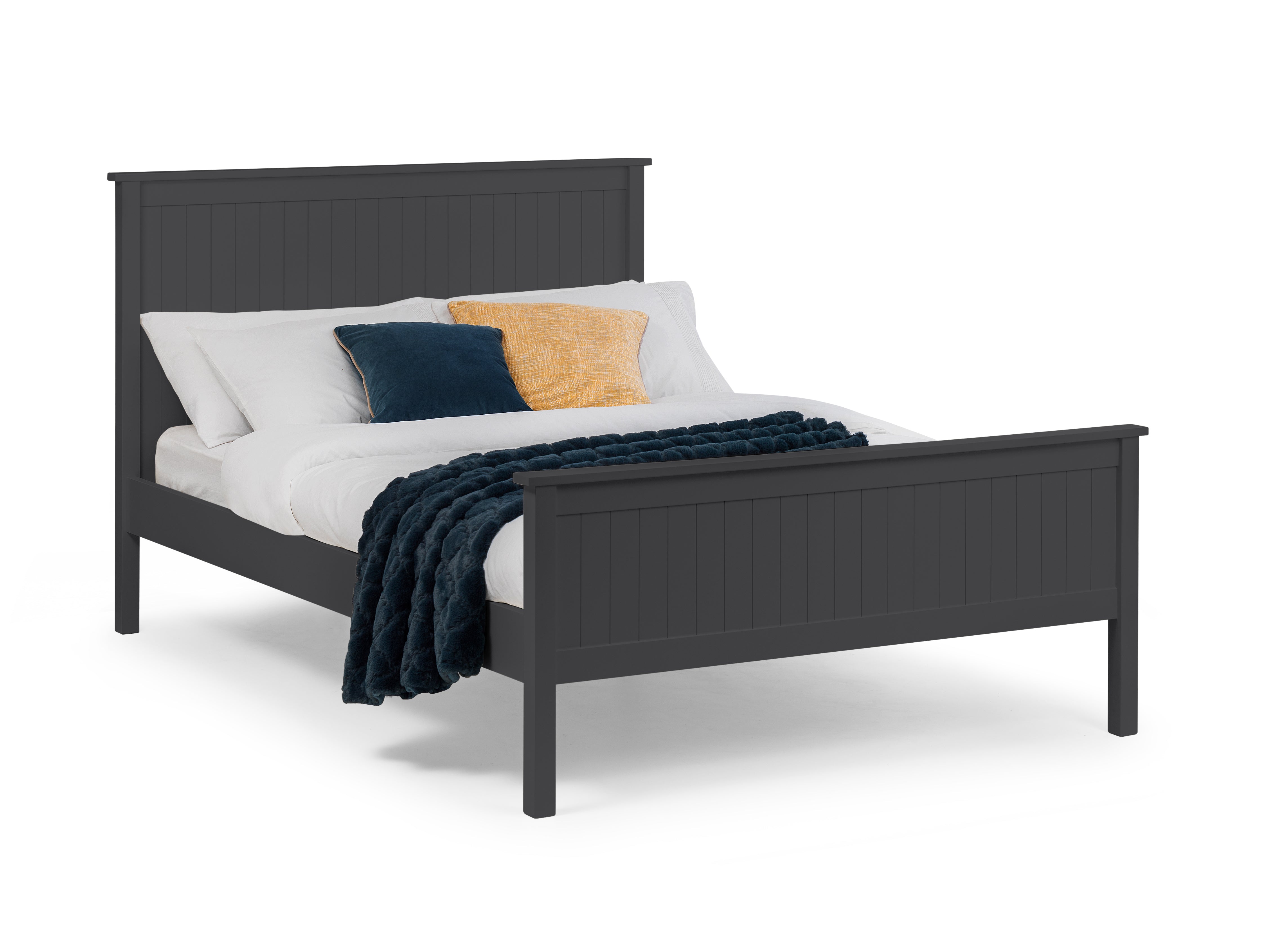 Grey wooden bed with white bedding and colorful pillows on a white background