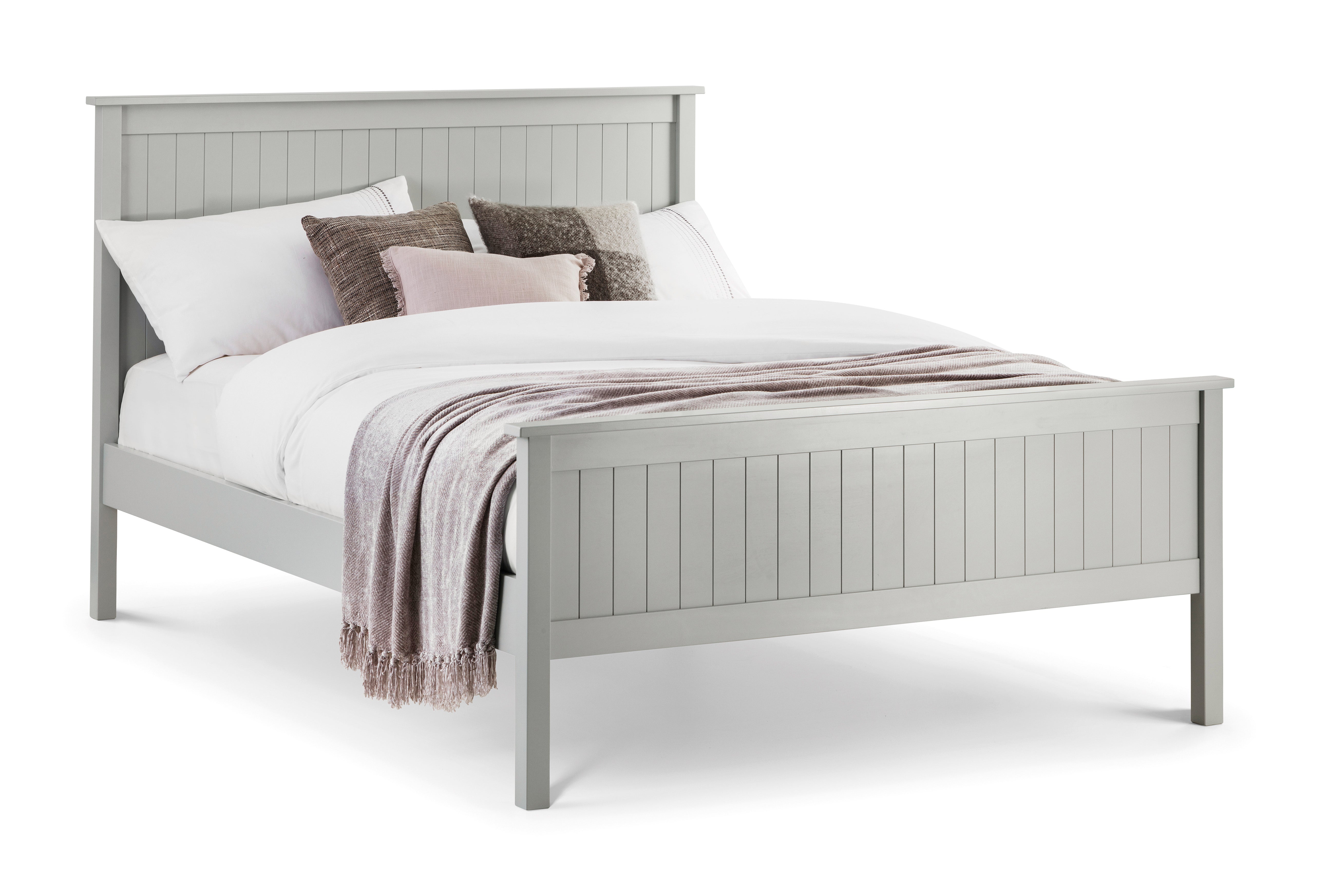 Gray wooden bed with white bedding and brown throw on a white background