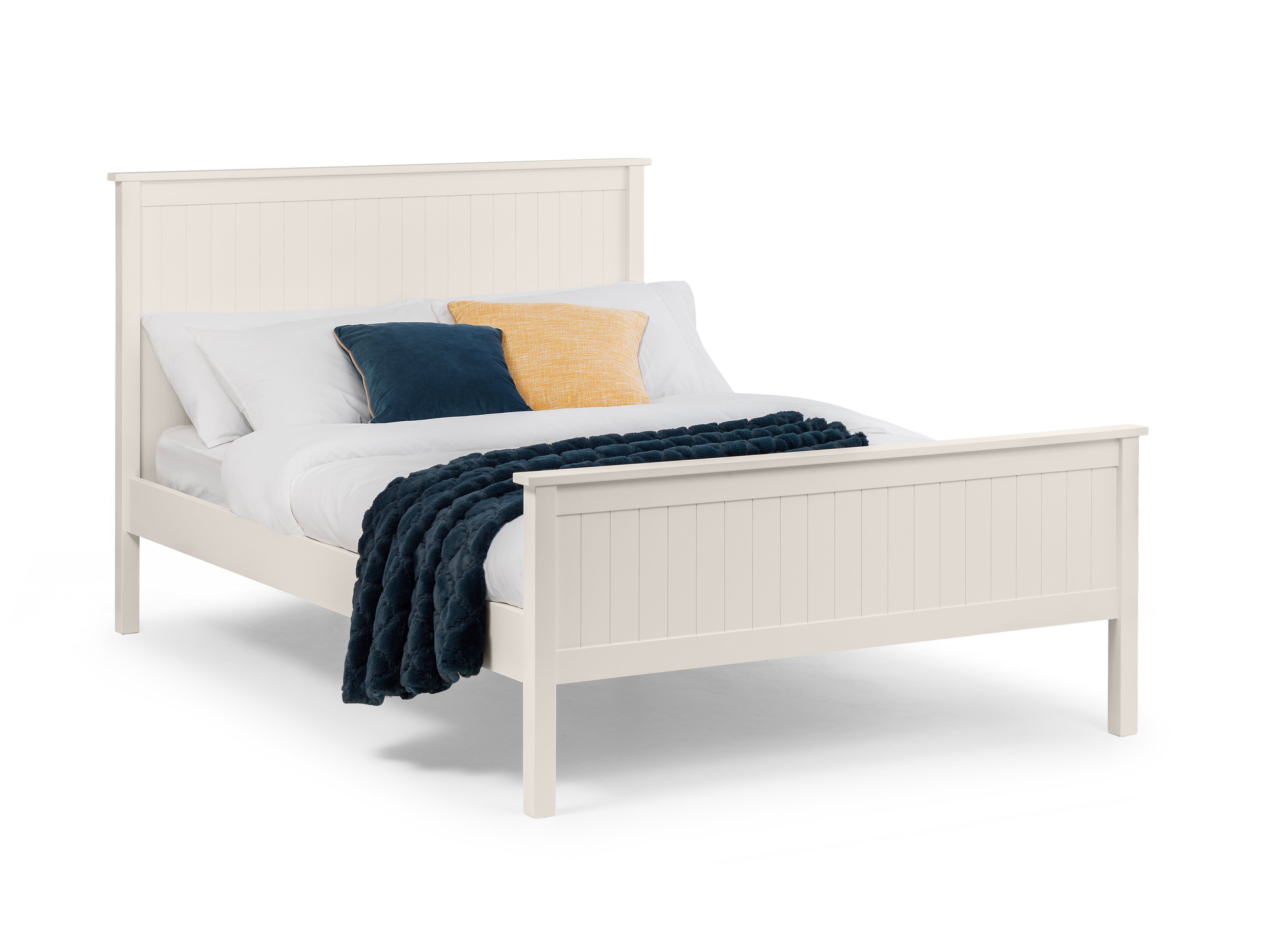 White wooden bed with bedding on a white background