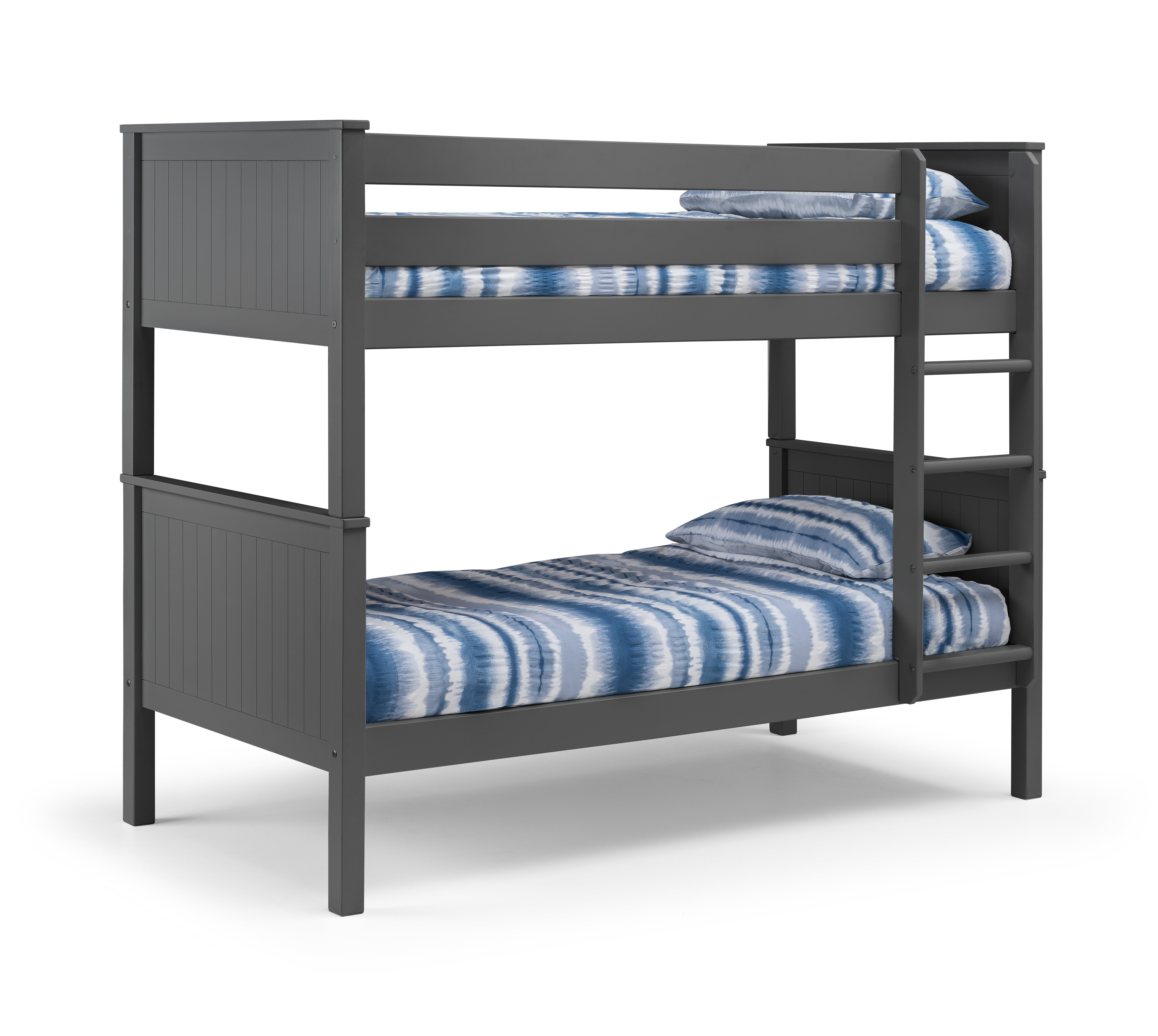 Gray bunk bed with blue striped bedding on a white background