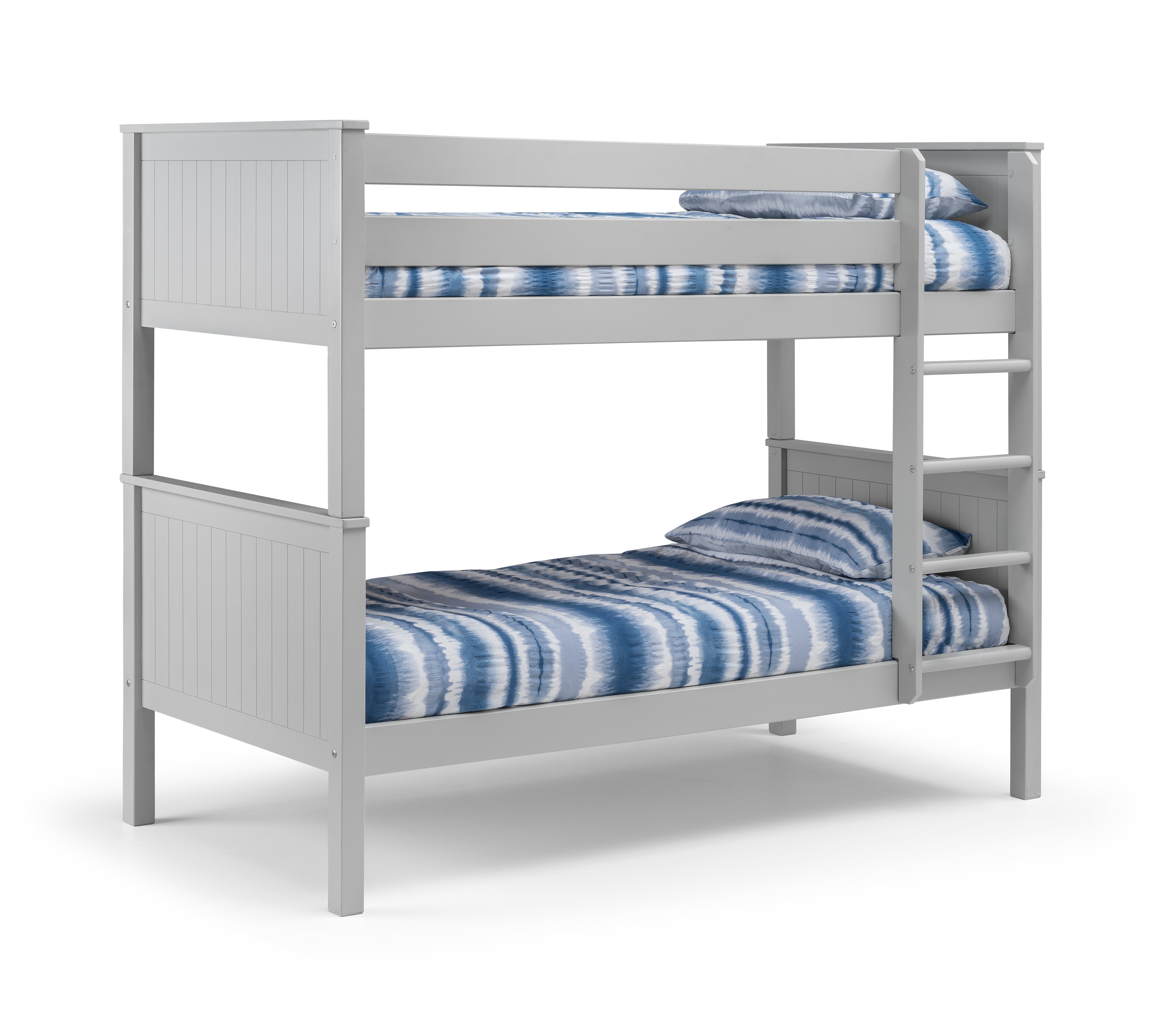 Gray bunk bed with blue striped bedding on a white background