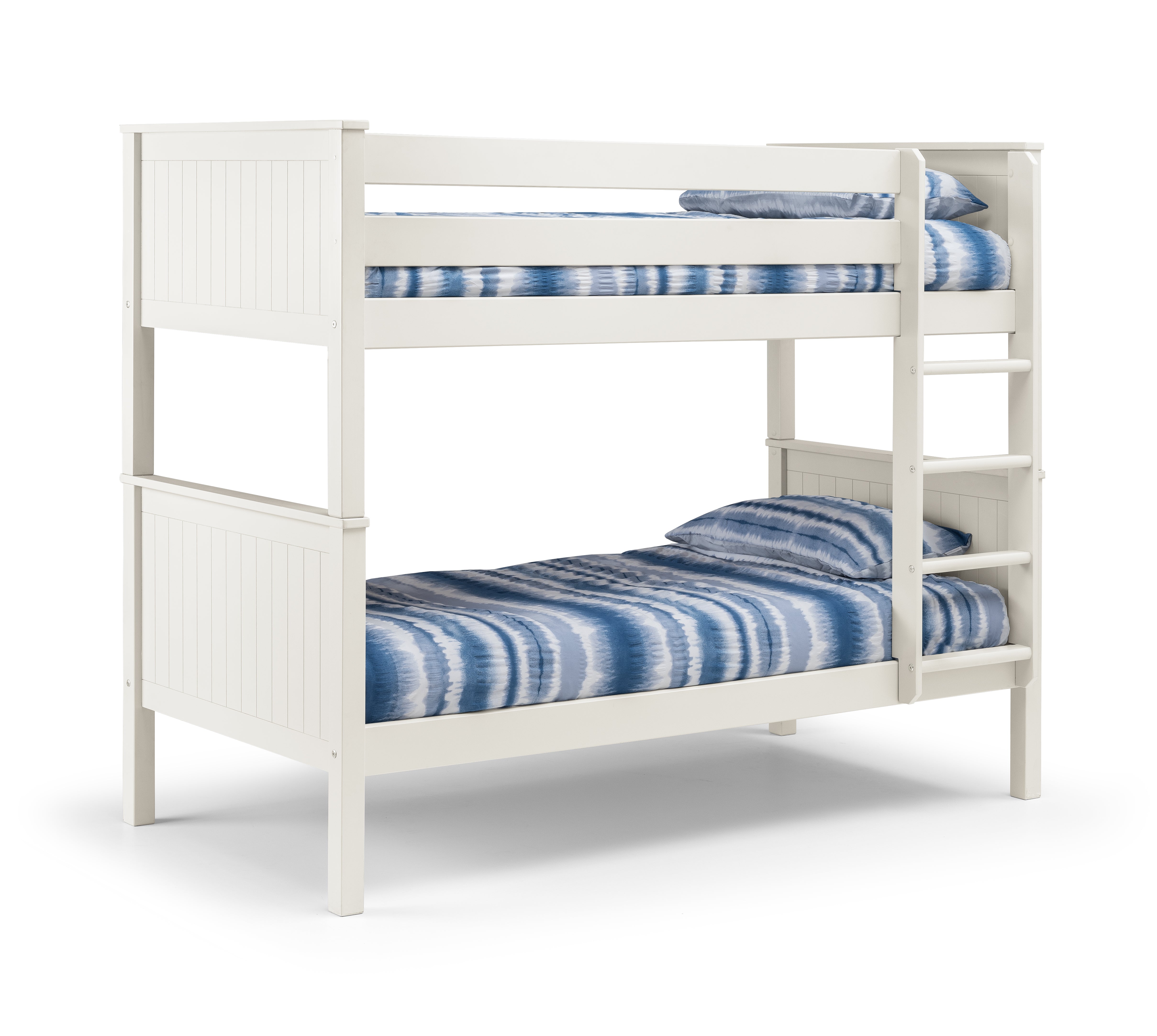 White bunk bed with blue striped bedding on a white background