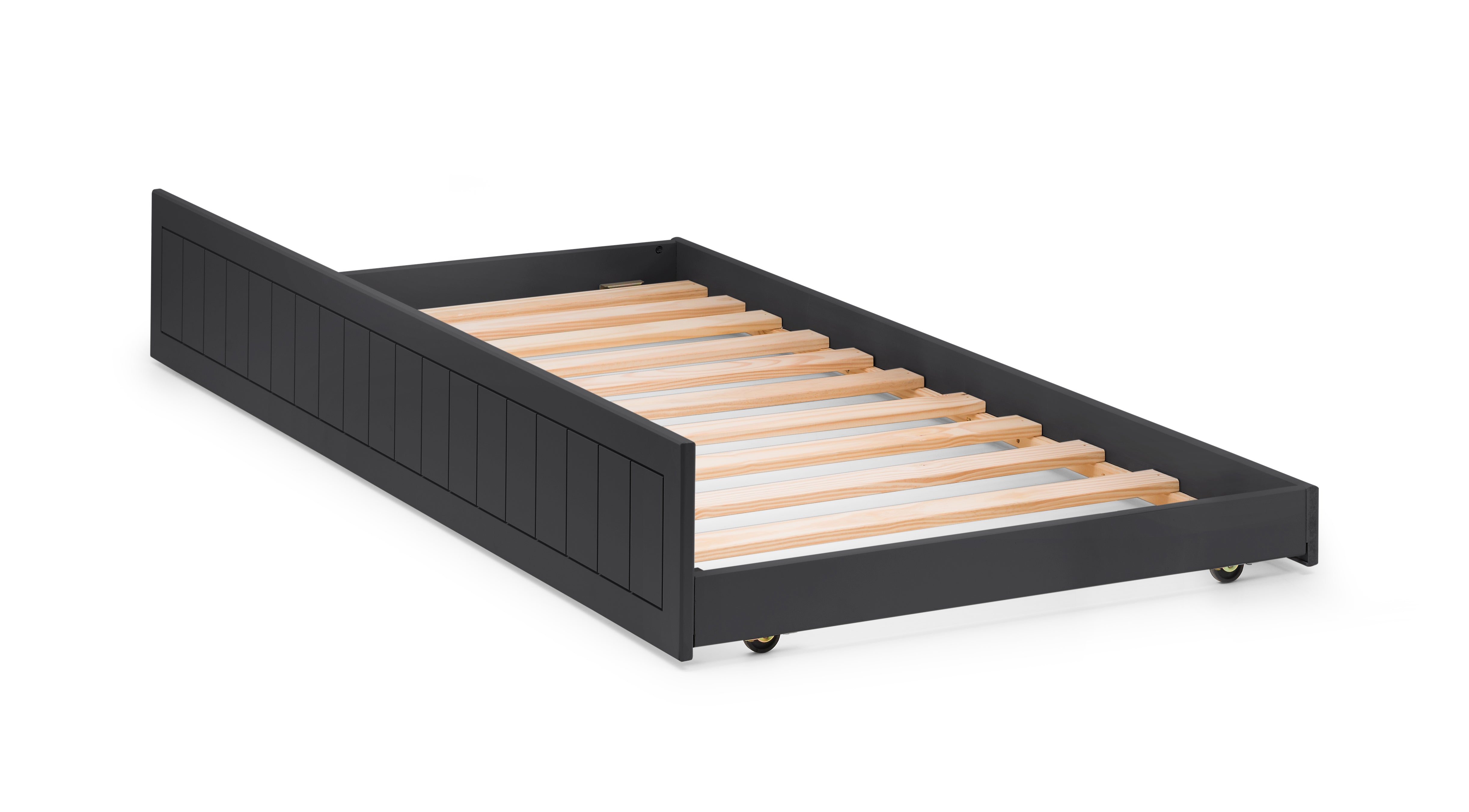 Black bed frame with wooden slats on a white background