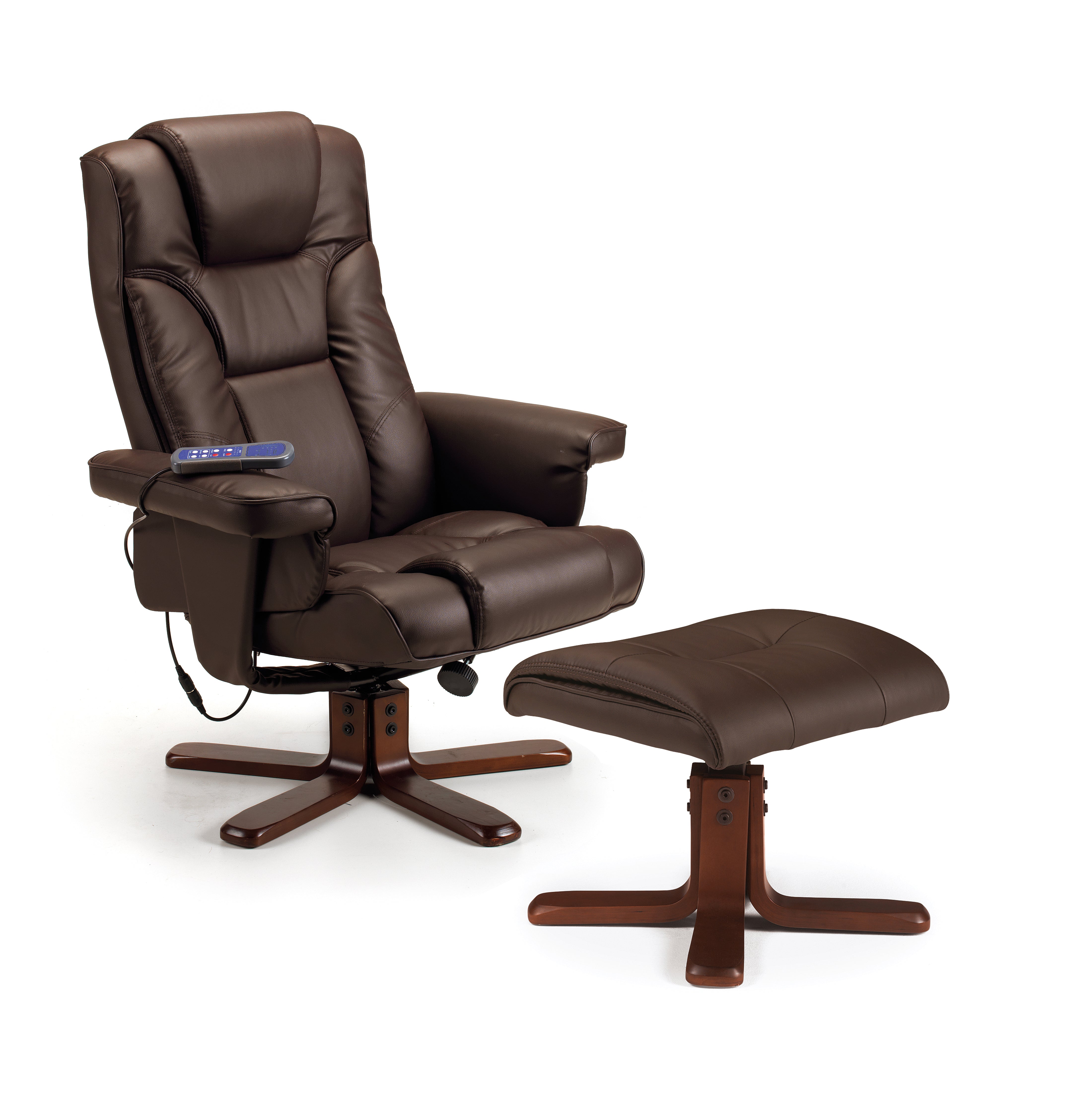 Brown leather recliner chair with ottoman on a white background