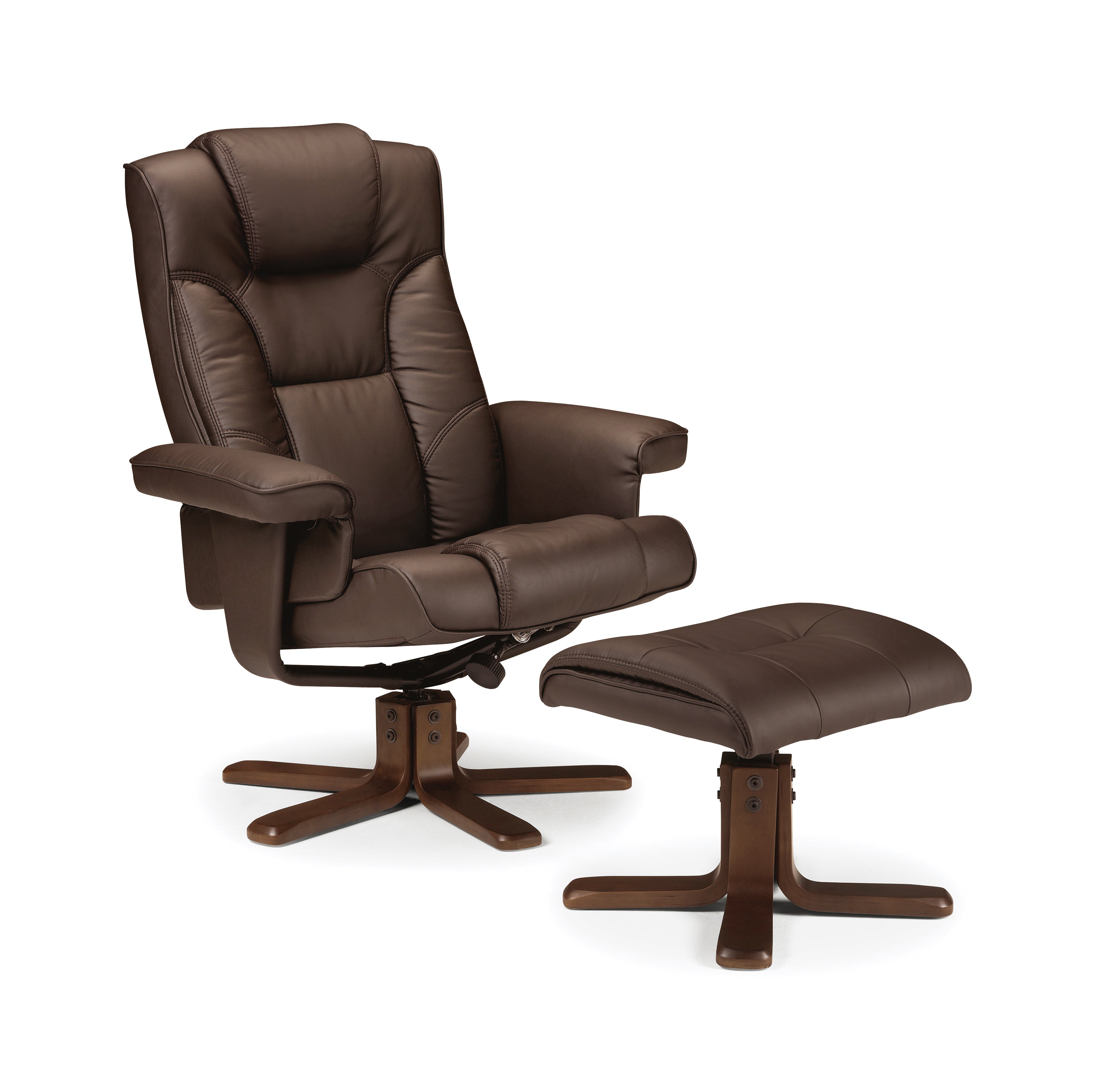 Brown leather recliner chair with ottoman on a white background