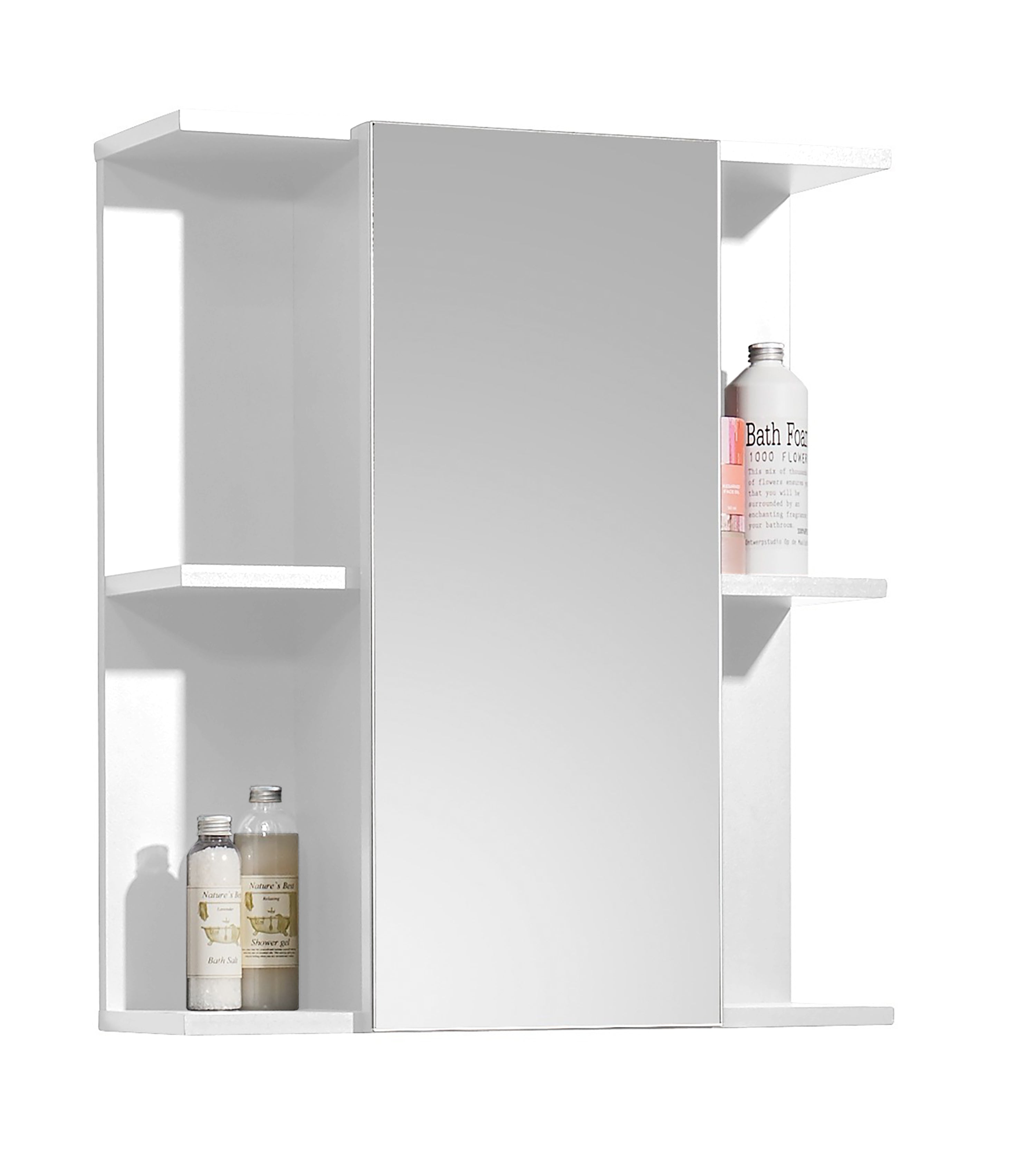 White corner shelf with bath products on a white background