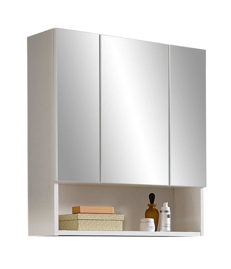White mirrored bathroom cabinet that combines reflective space with concealed storage