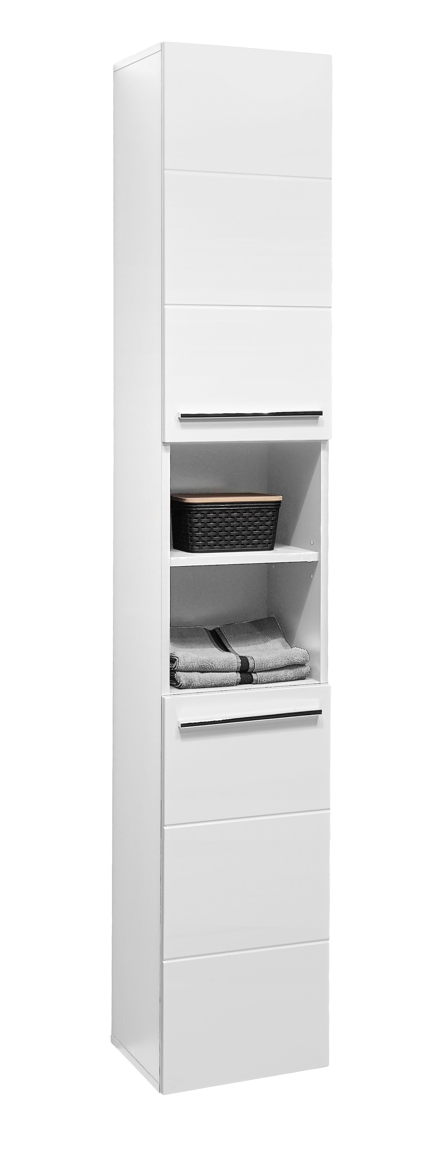 The Mandy Tall Cabinet, a contemporary white unit providing ample vertical storage for towels and toiletries.