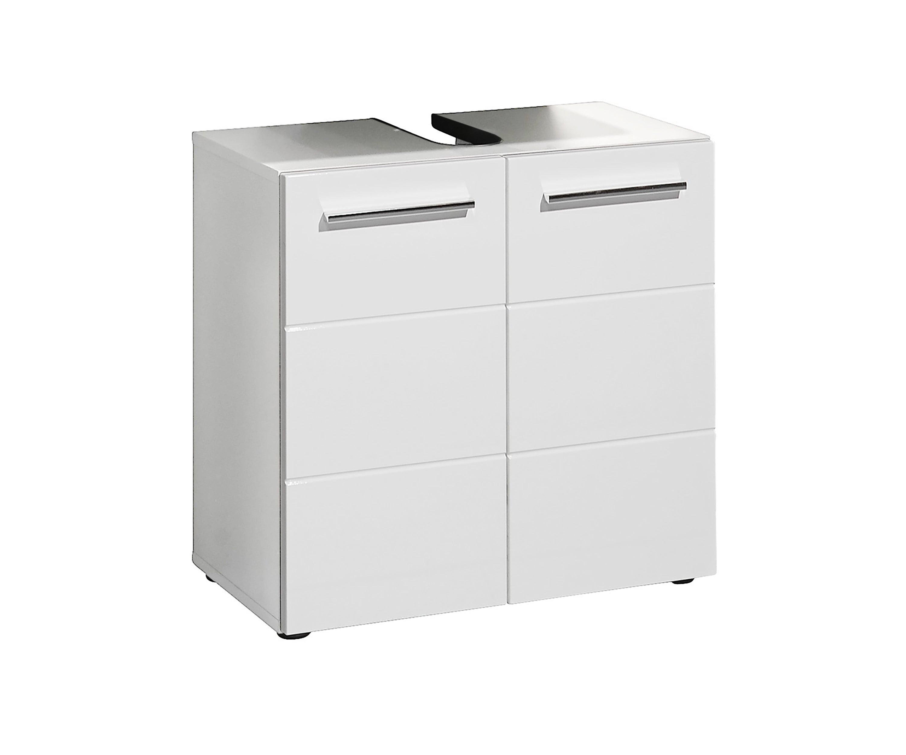 White bathroom vanity with two doors and four drawers on a white background