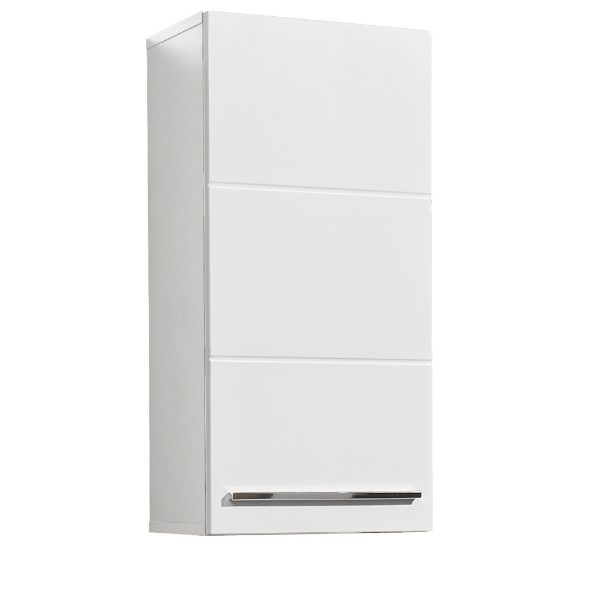 White wall-mounted cabinet with a handle on a white background