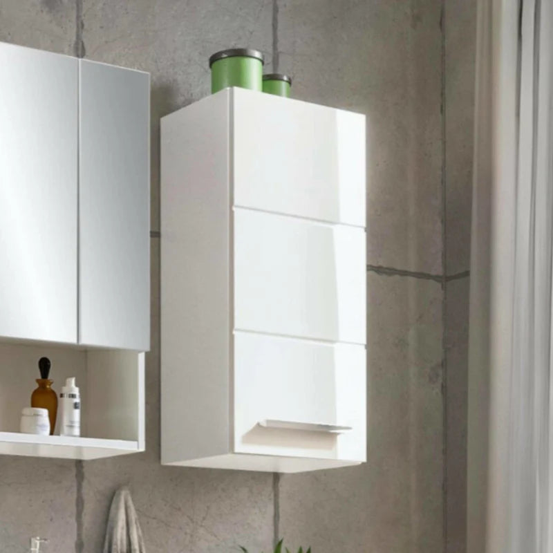 White wall-mounted cabinets in a bathroom setting with gray tiled walls.