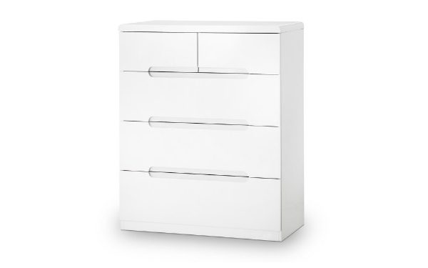 White dresser with four drawers on a white background