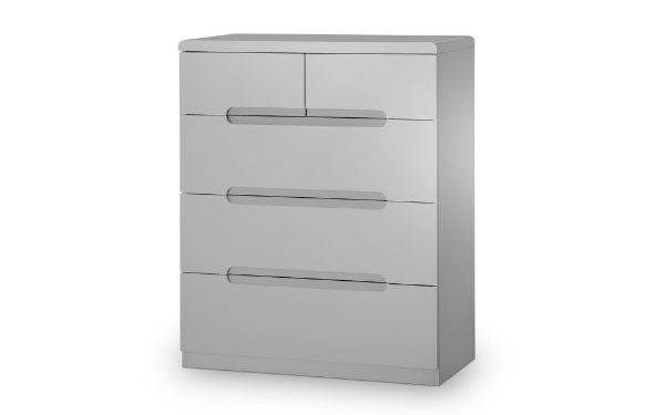 Gray dresser with four drawers on a white background