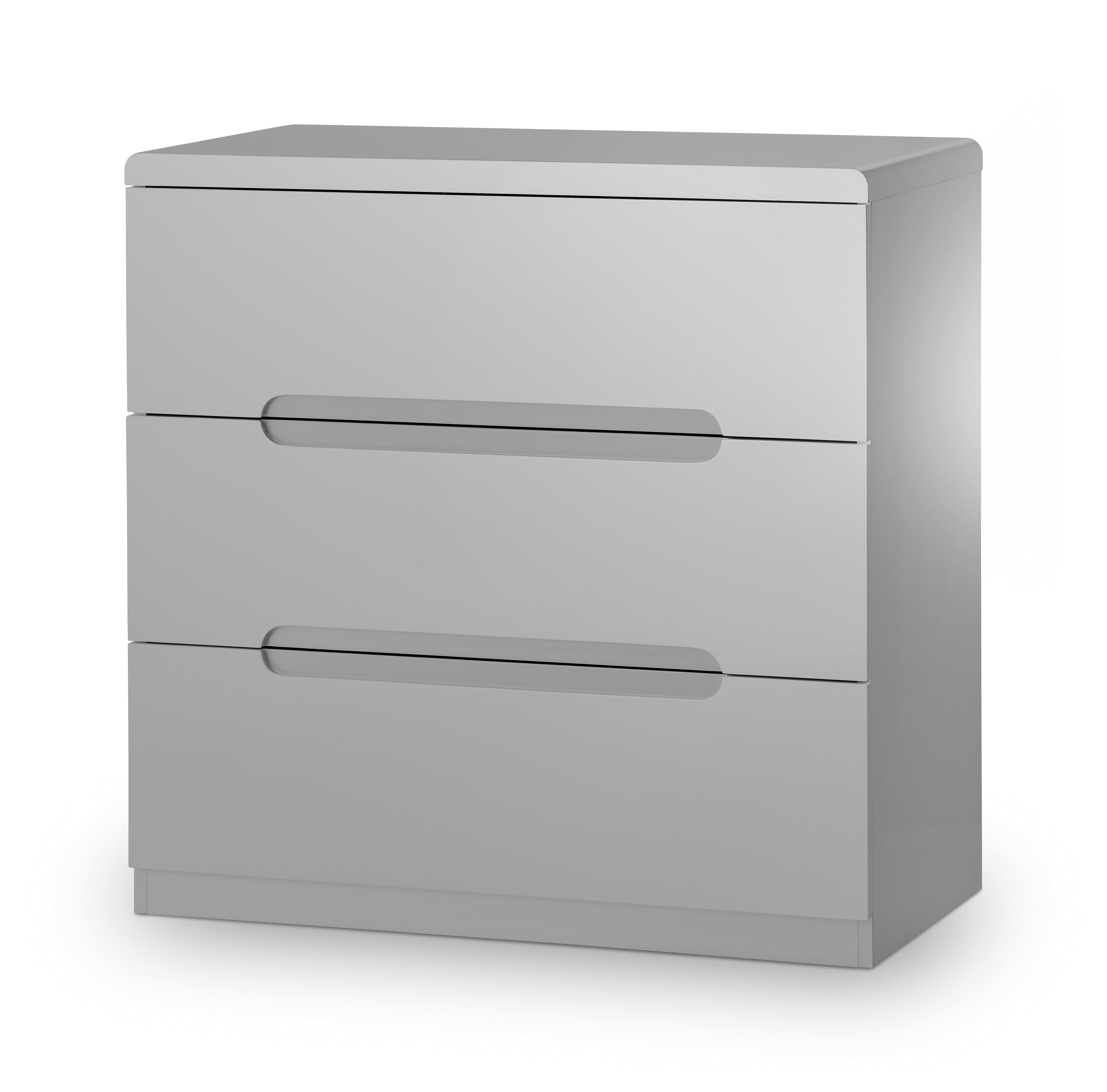 Gray dresser with two drawers on a white background
