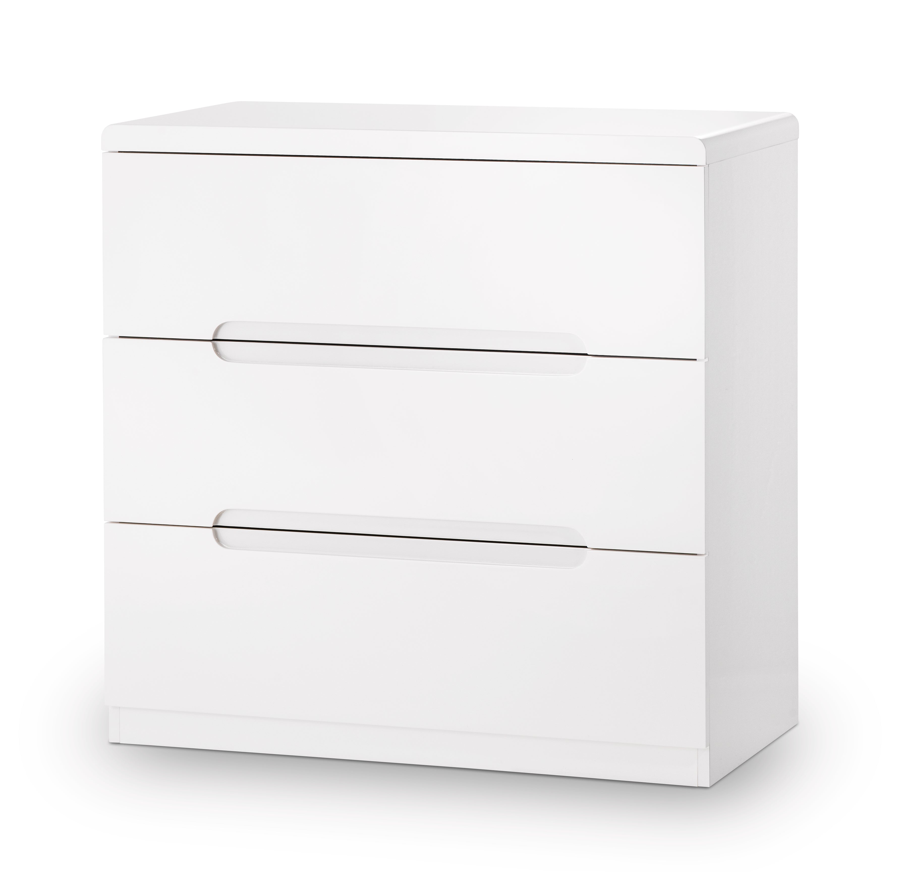 White dresser with three drawers on a white background