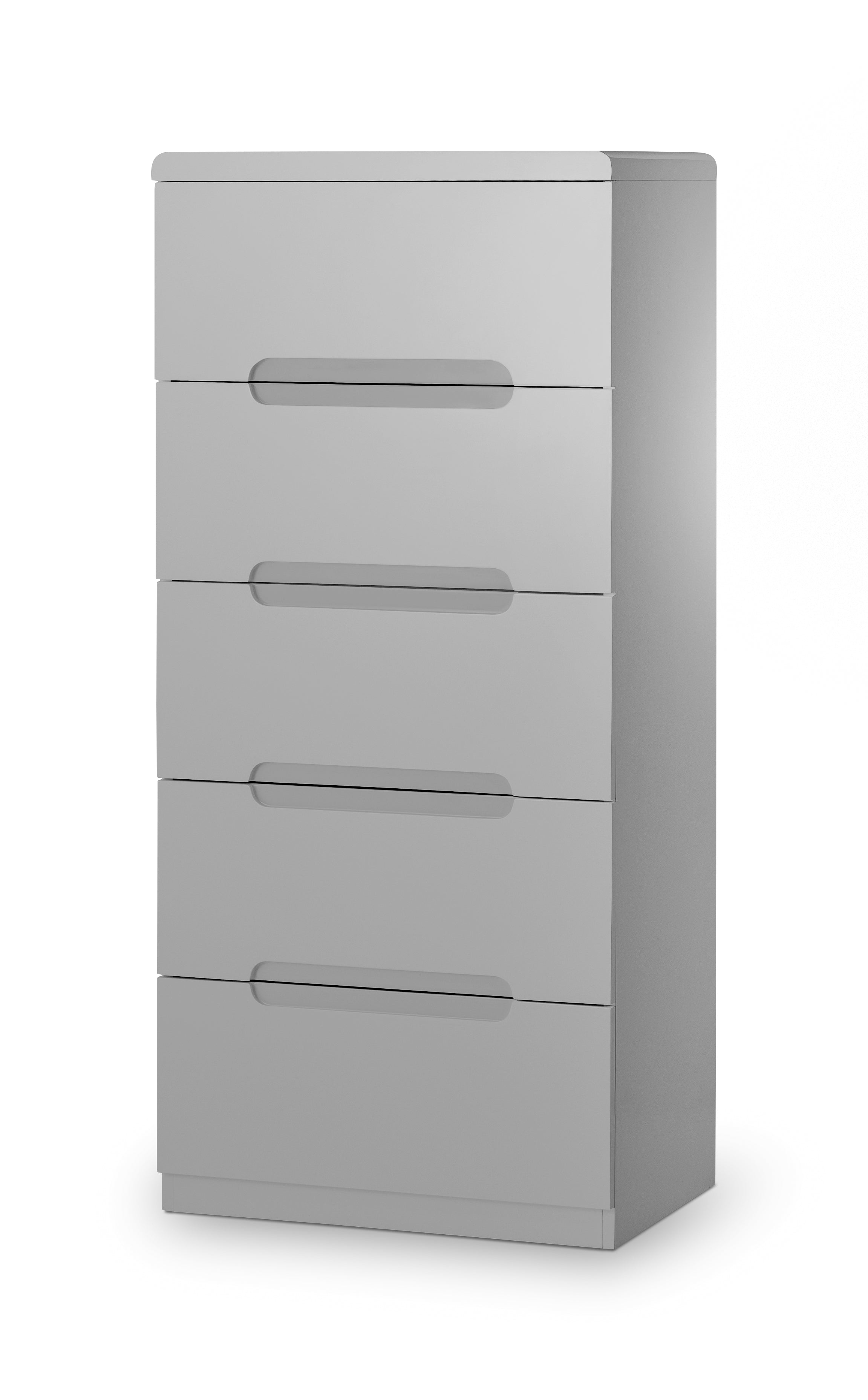Gray dresser with four drawers on a white background