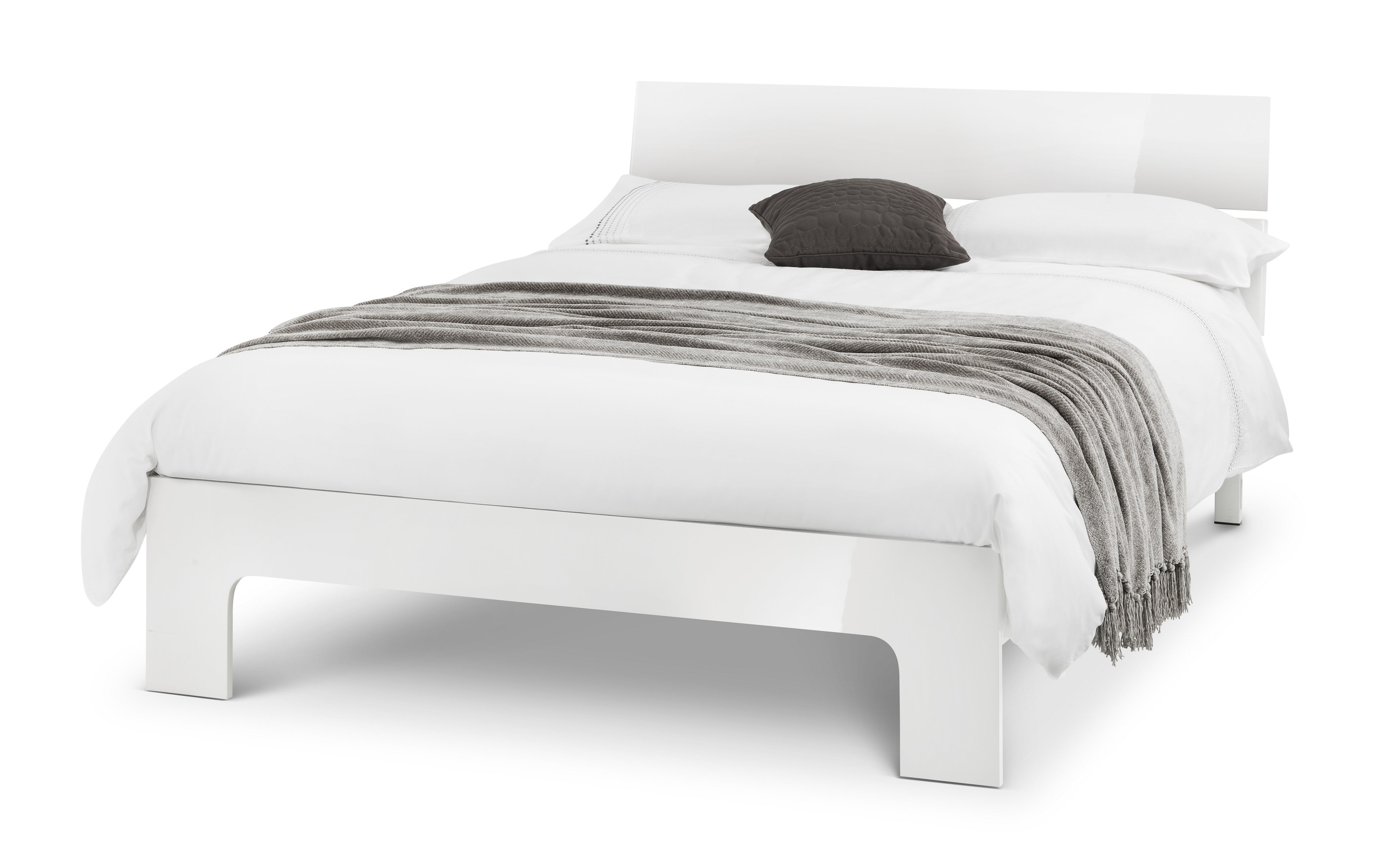 White bed with gray blanket and pillow on a white background
