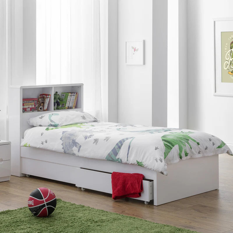 Manhattan bookcase bed in white styled with colourful children's bedding
