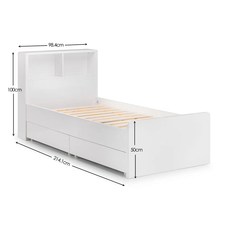 White bed frame with dimensions marked on a white background