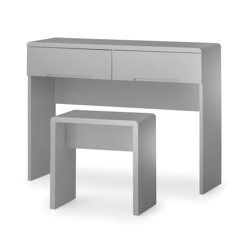 Gray desk with a smaller matching table on a white background