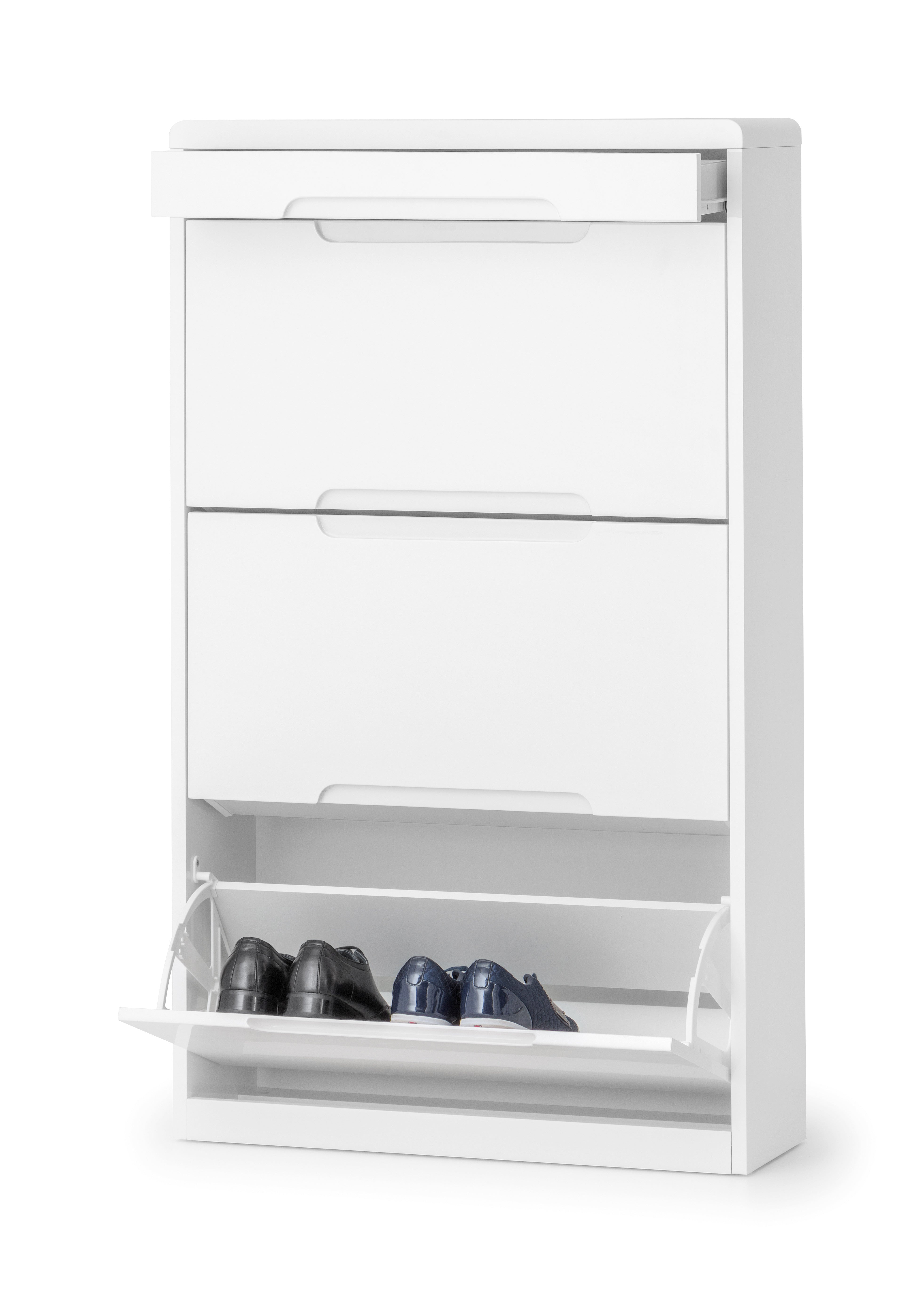 White shoe cabinet with shoes inside on a white background