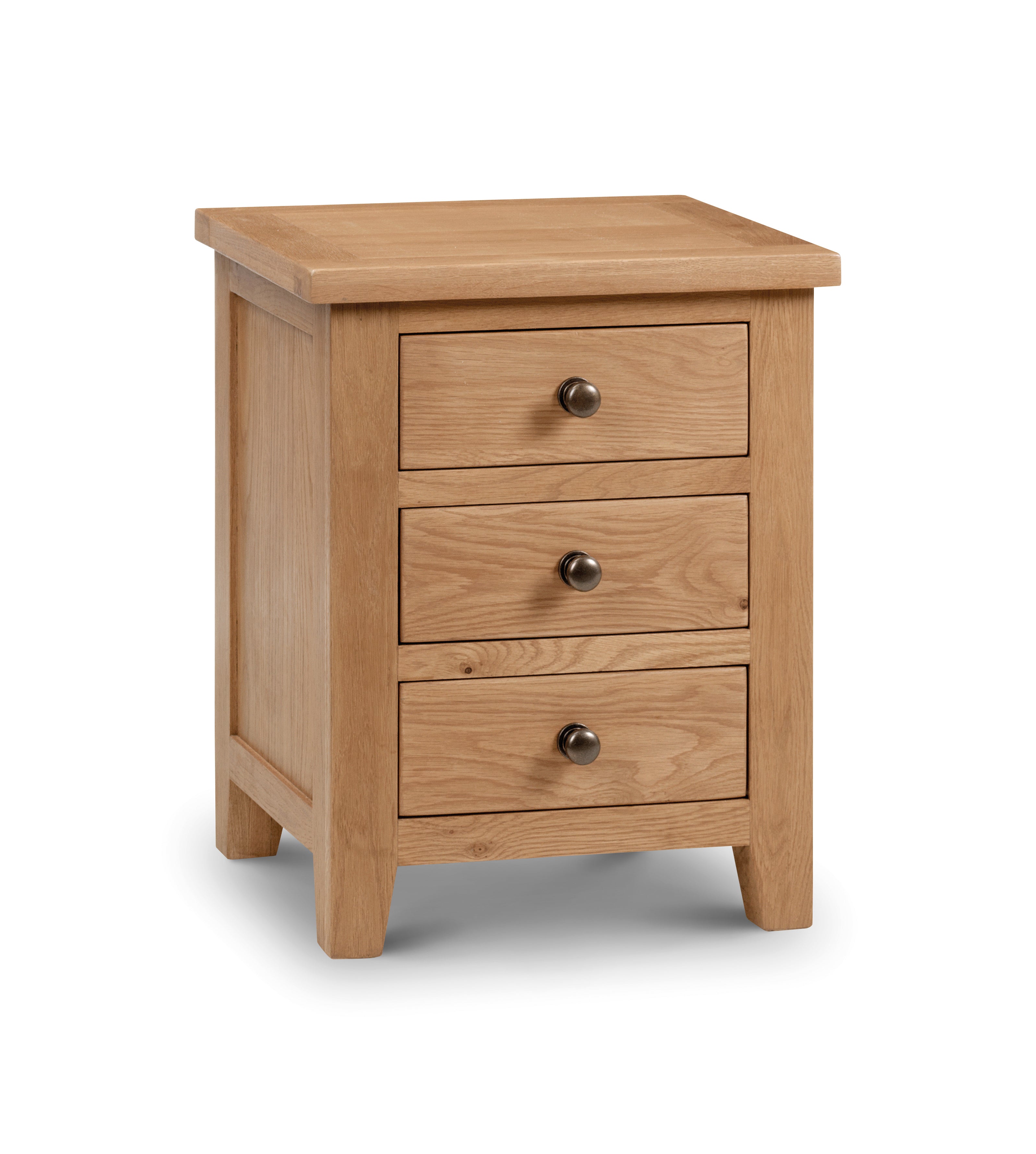 Wooden nightstand with three drawers on a white background