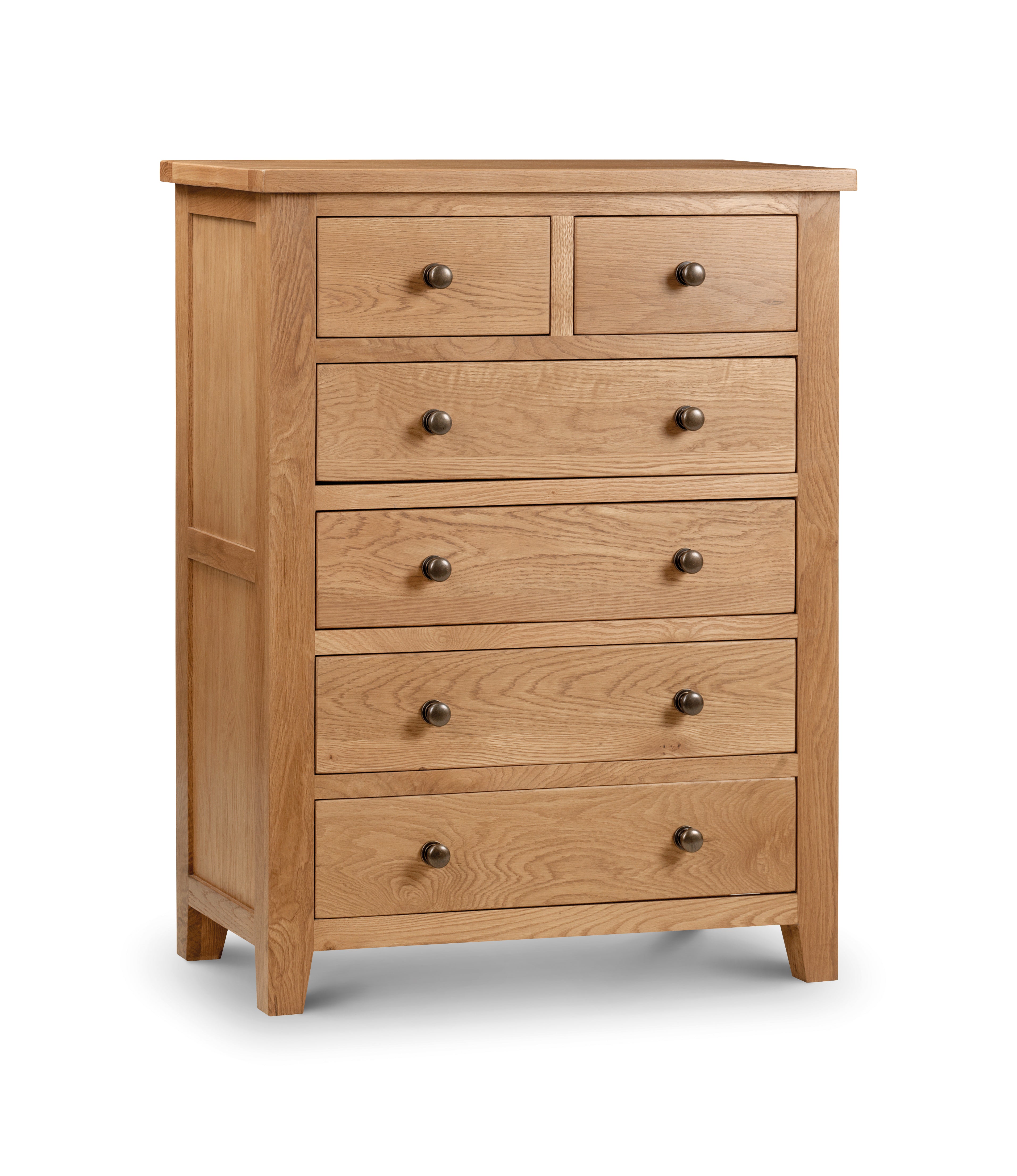 Wooden chest of drawers with multiple drawers on a white background
