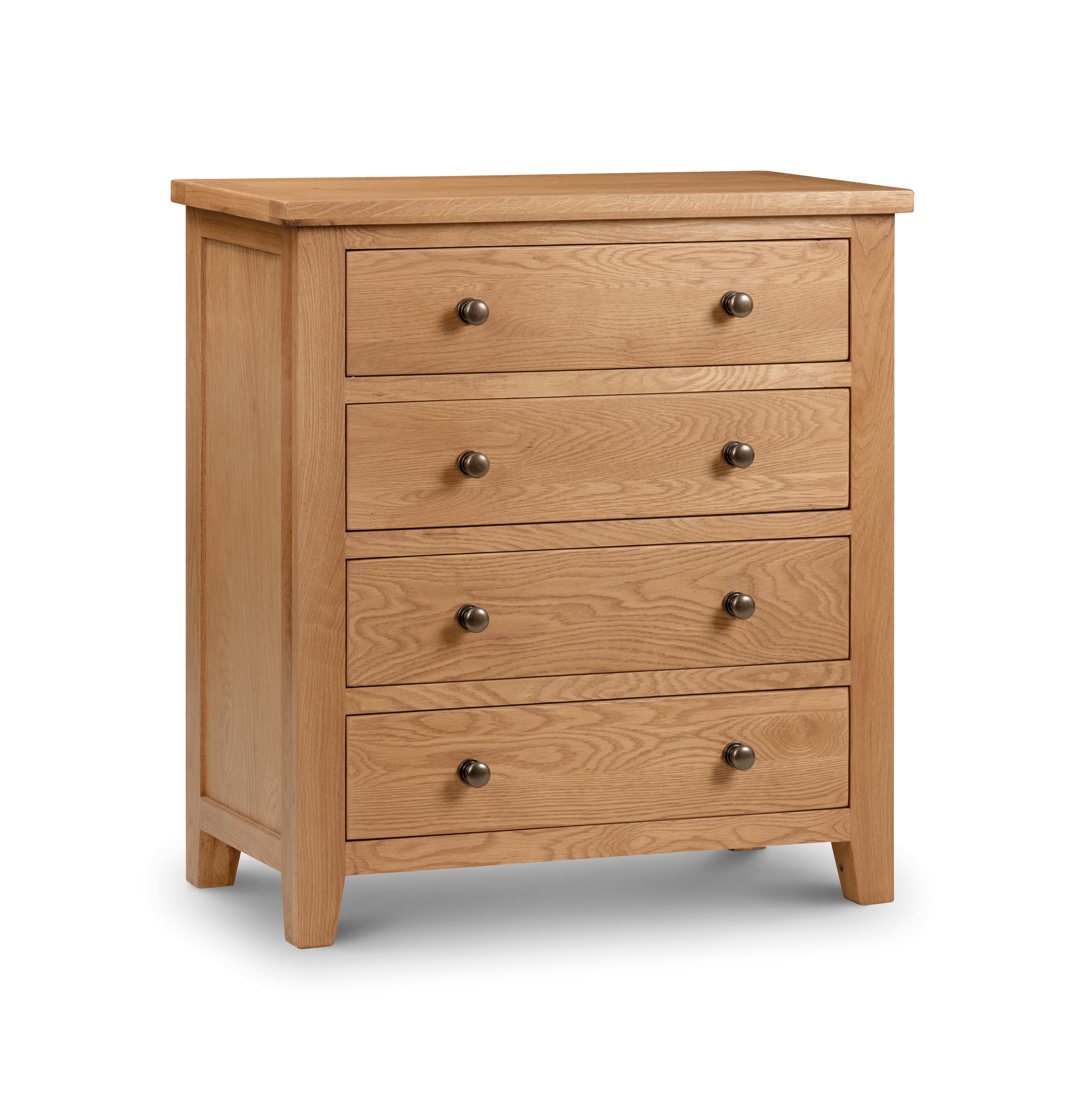 Wooden dresser with four drawers on a white background