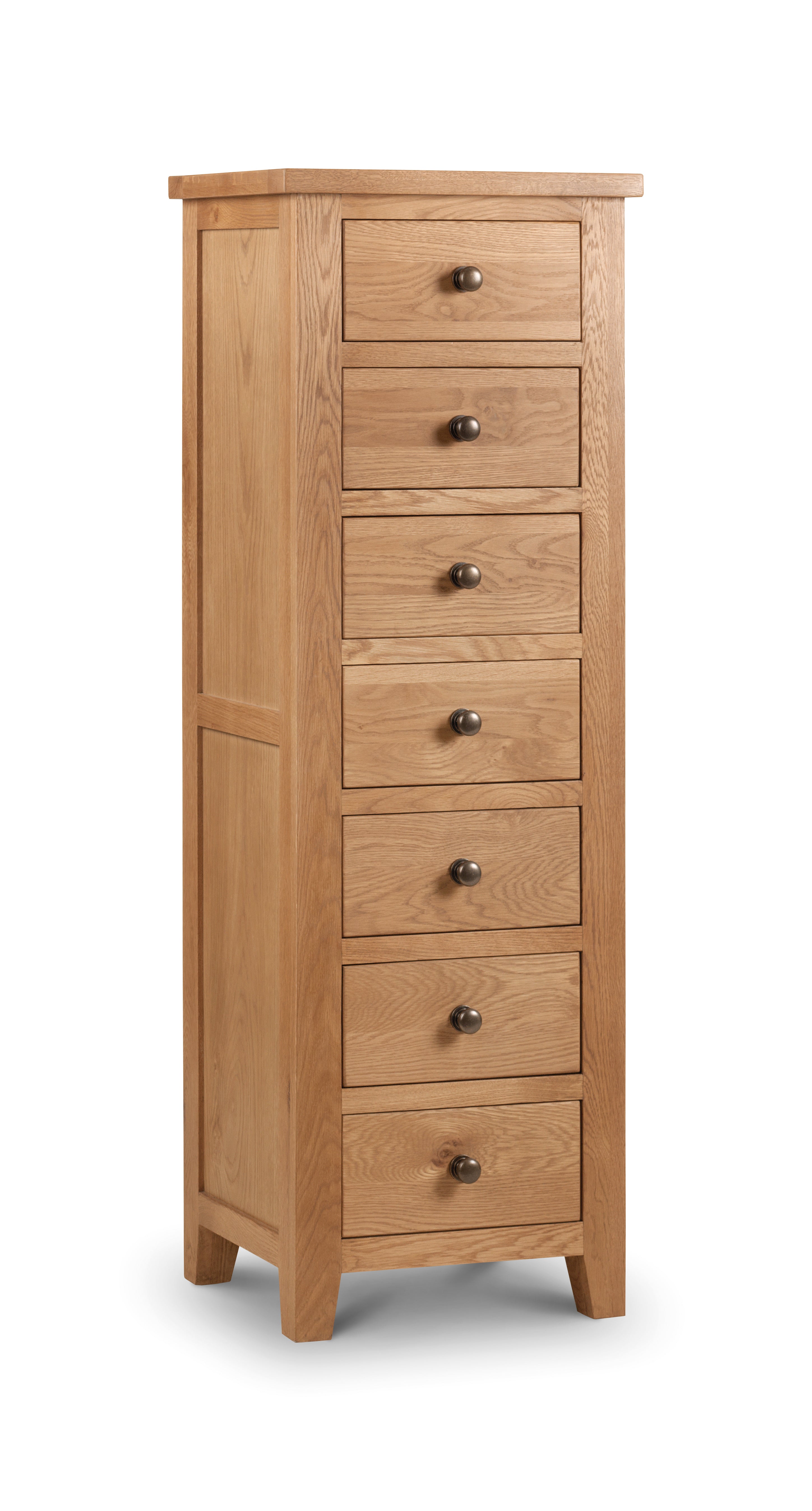 Wooden tall cabinet with multiple drawers on a white background