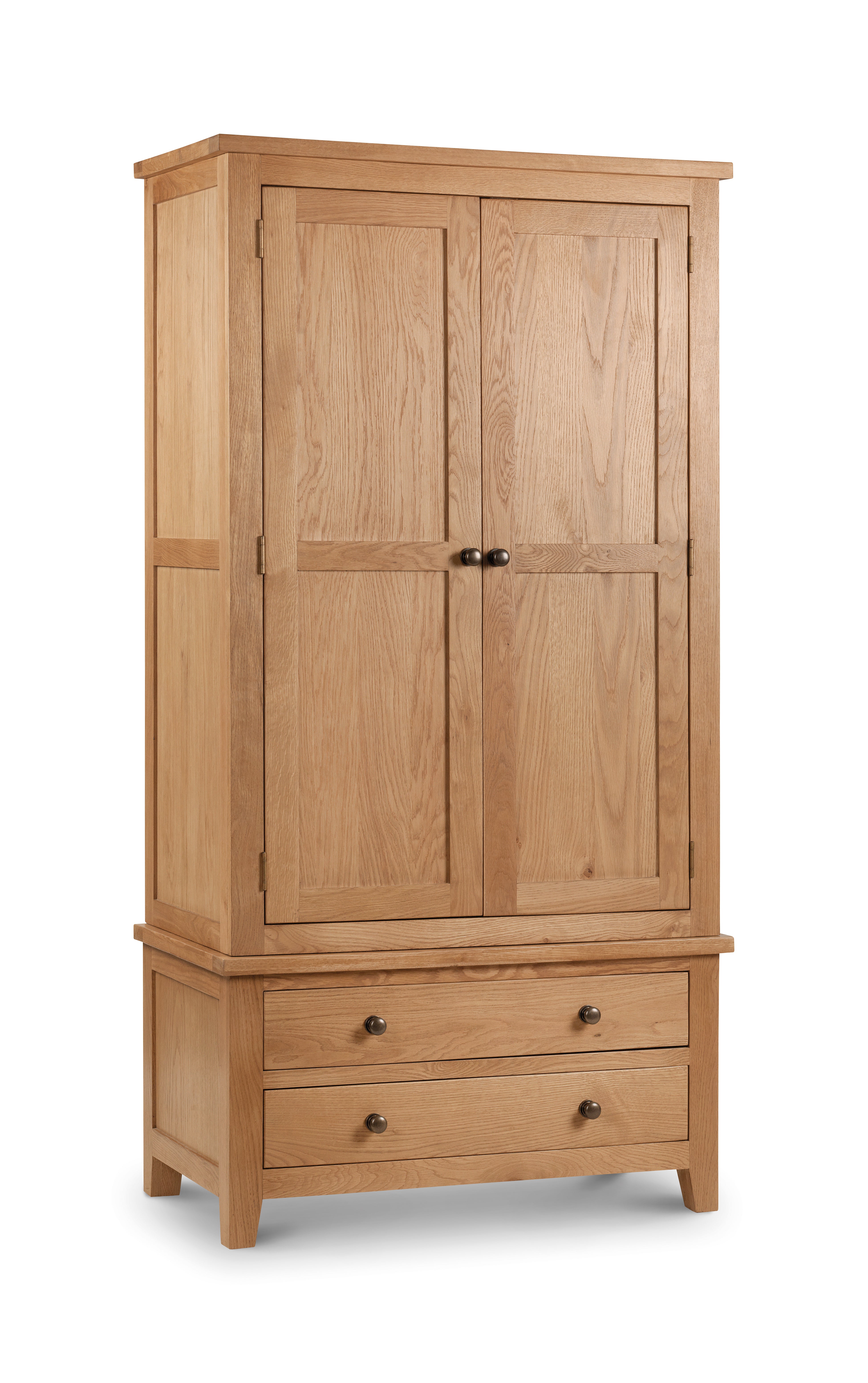 Wooden wardrobe with two doors and two drawers on a white background
