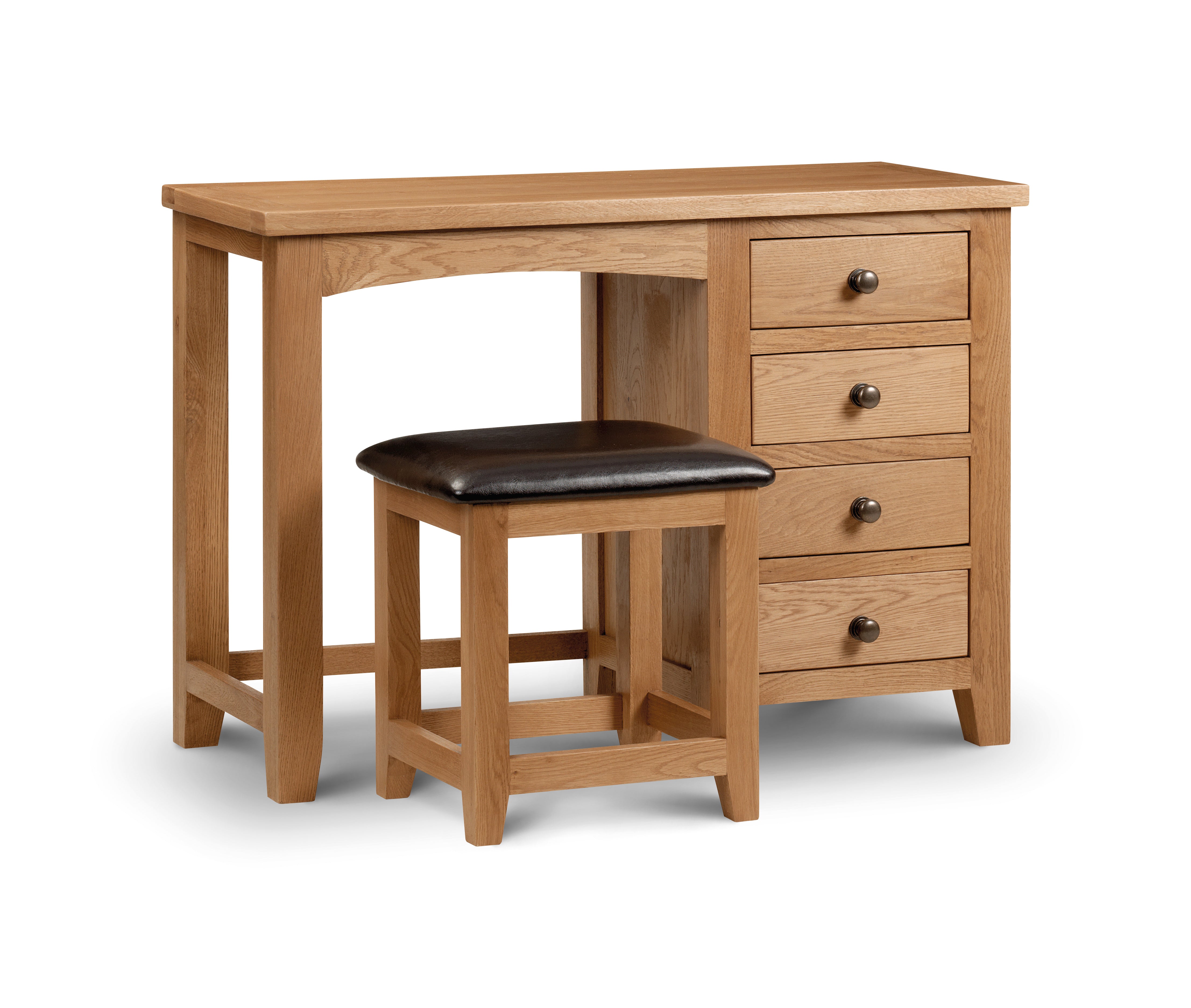 Wooden desk with three drawers and a matching stool with a black cushion on a white background