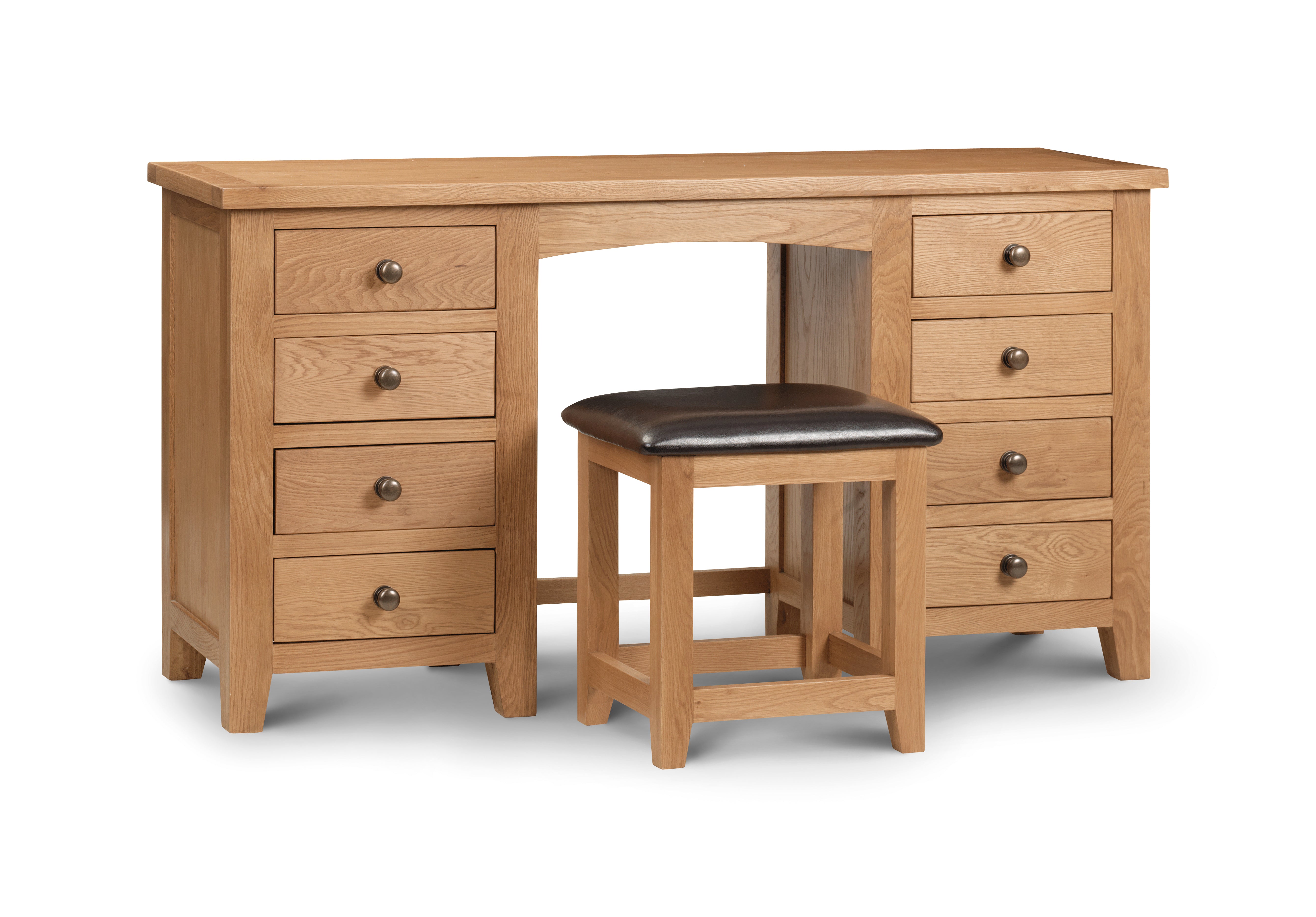Wooden desk with multiple drawers and a matching stool on a white background