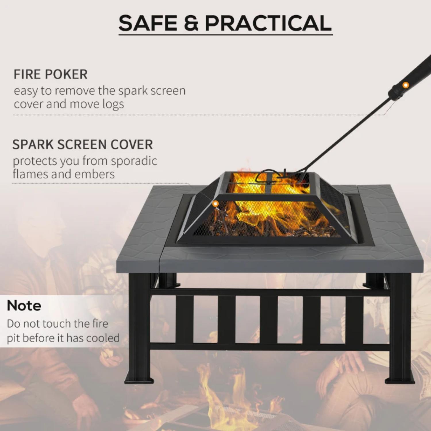 Fire pit with spark screen cover and fire poker, featuring safety features.