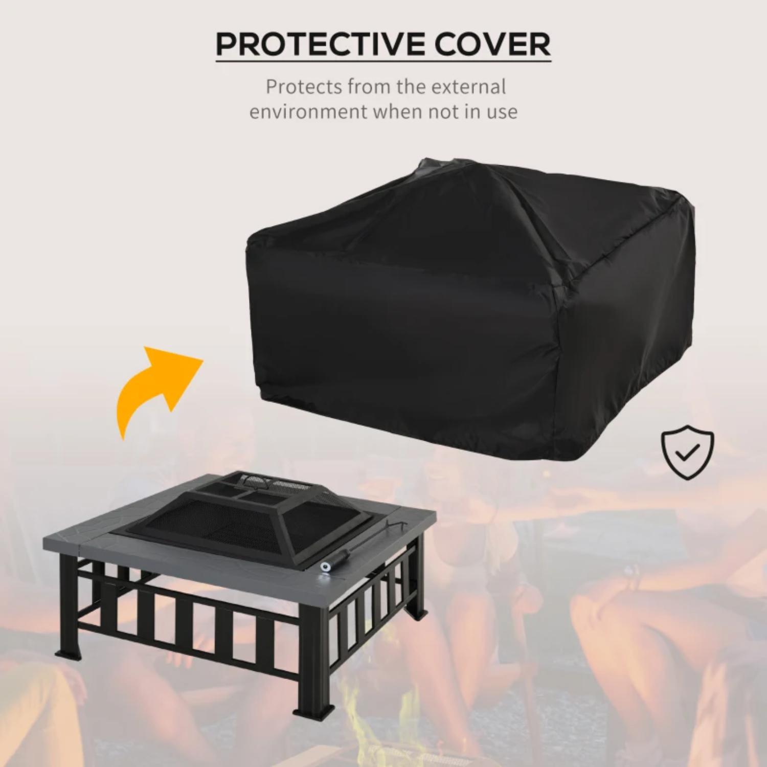 Black protective cover for a fire pit with text indicating its use.