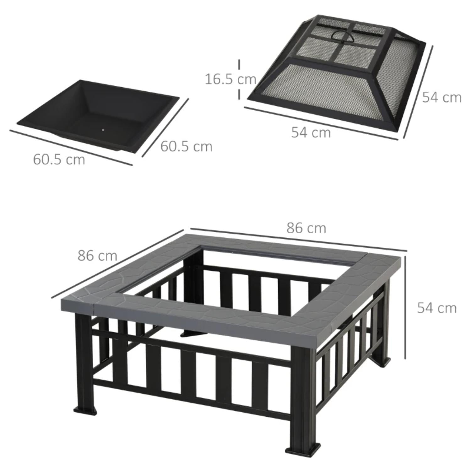 Fire pit table with dimensions labeled on a white background