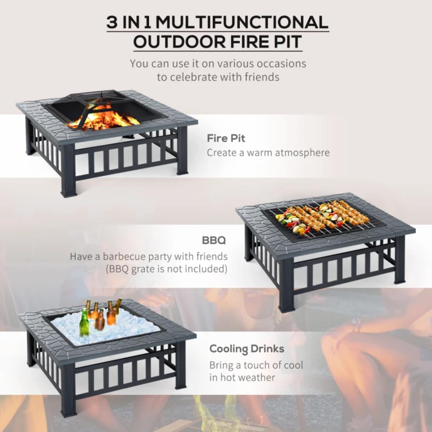 Multifunctional outdoor fire pit with grill and cooler features on a white background