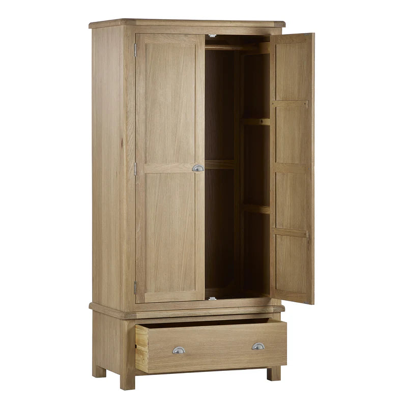 Wooden wardrobe with open doors on a white background