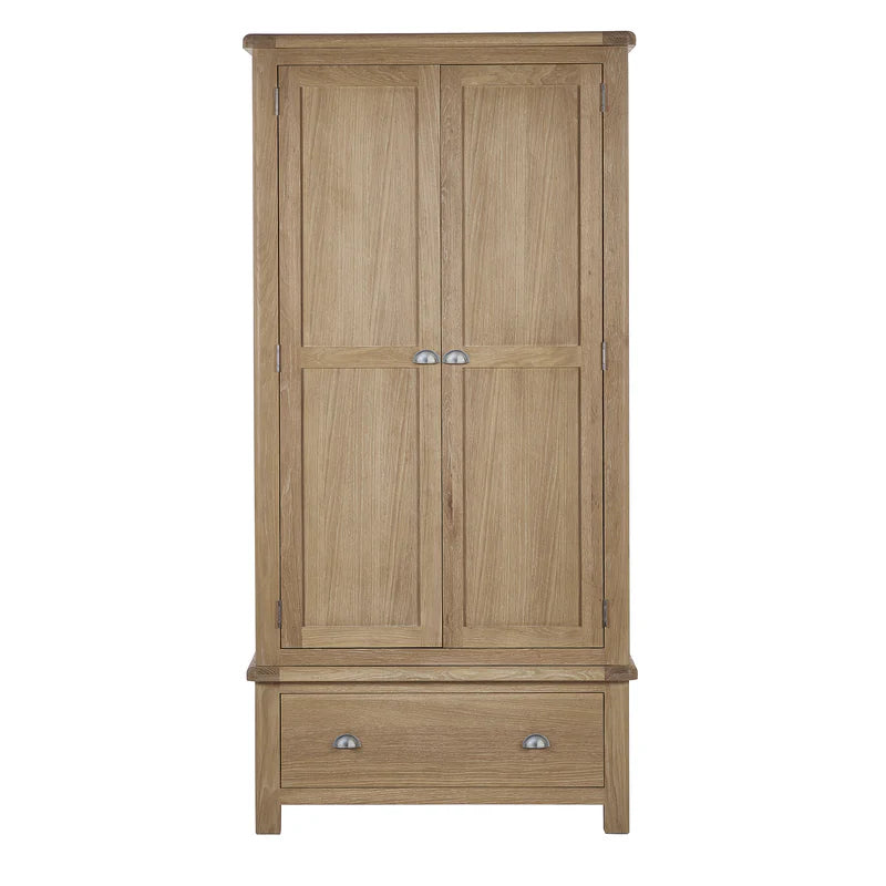 Wooden wardrobe with two doors and a drawer on a white background