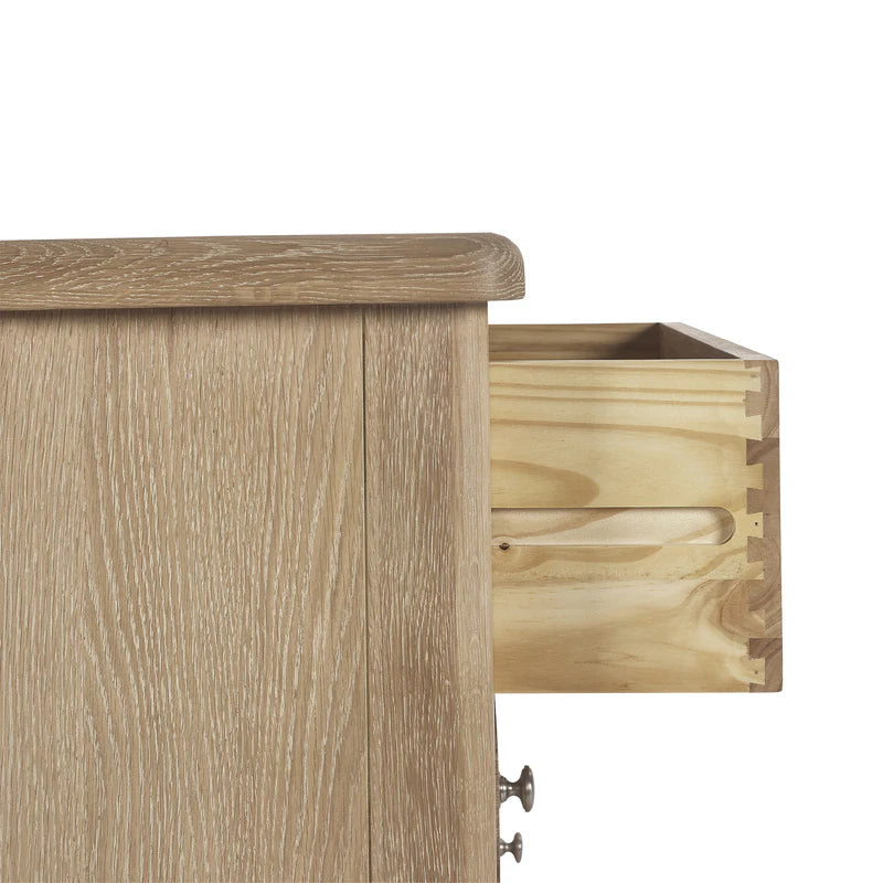 Wooden drawer unit with a drawer open on a white background