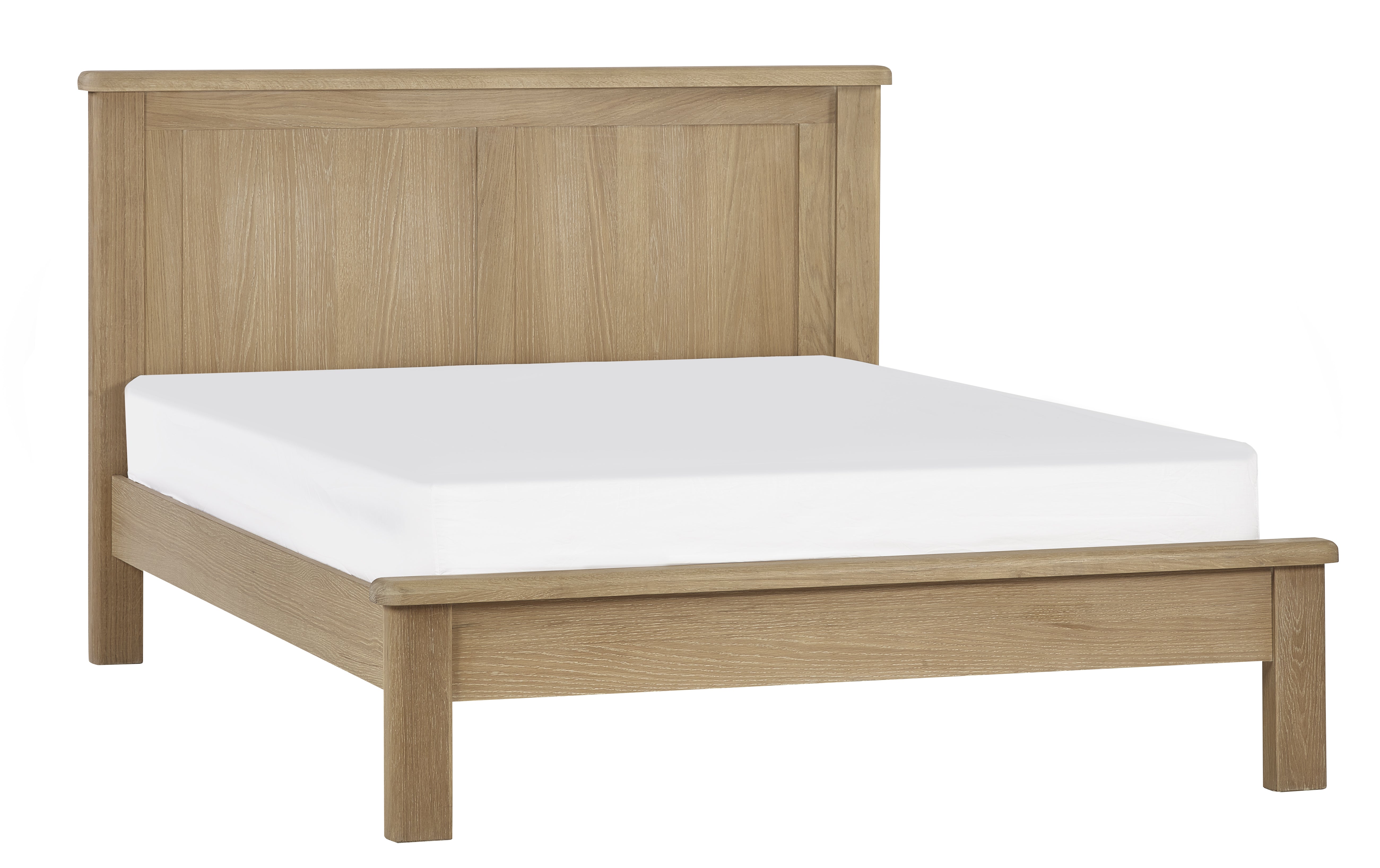Wooden bed frame with a white mattress on a white background