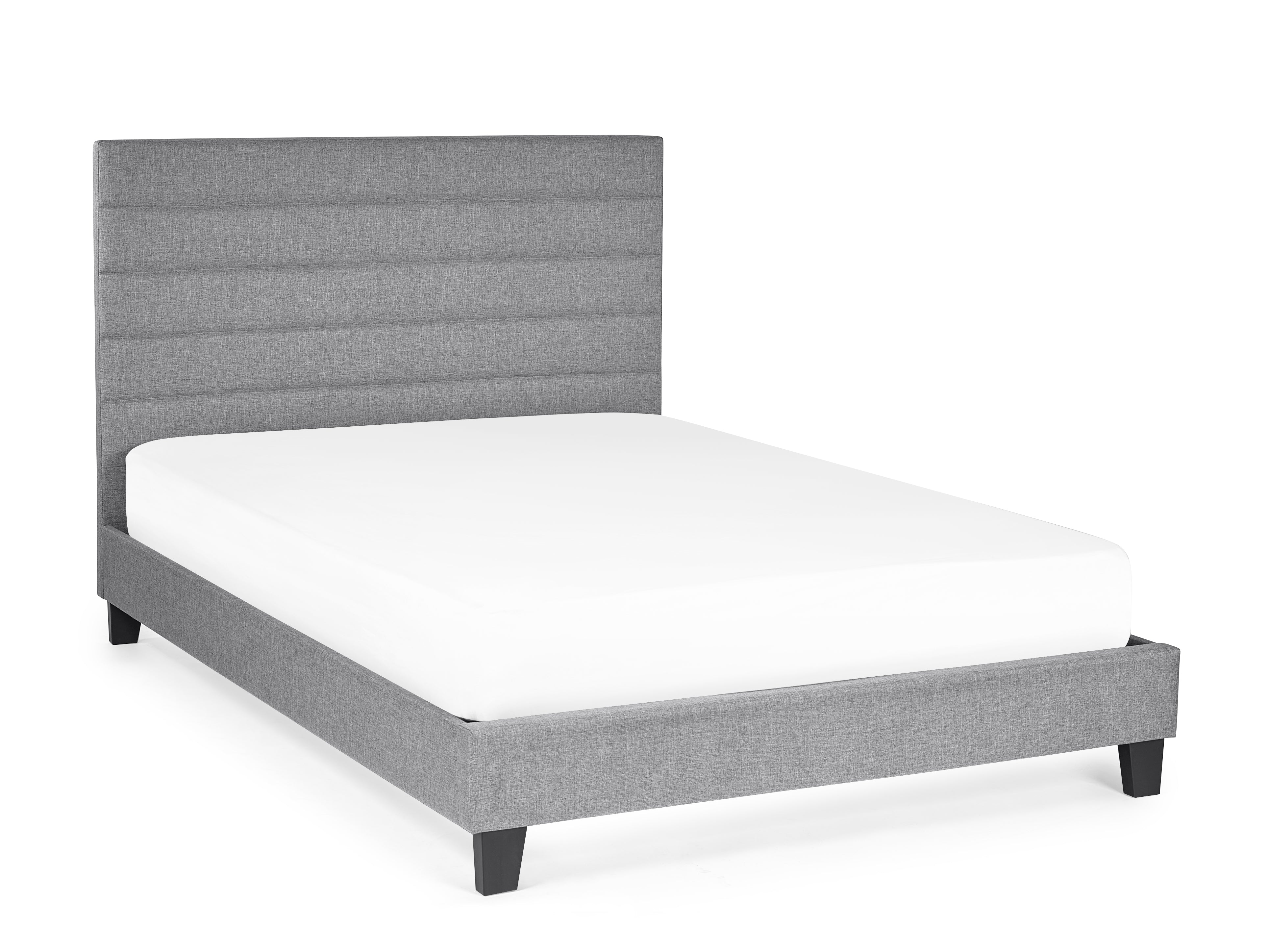 Gray upholstered bed frame with white mattress on a white background