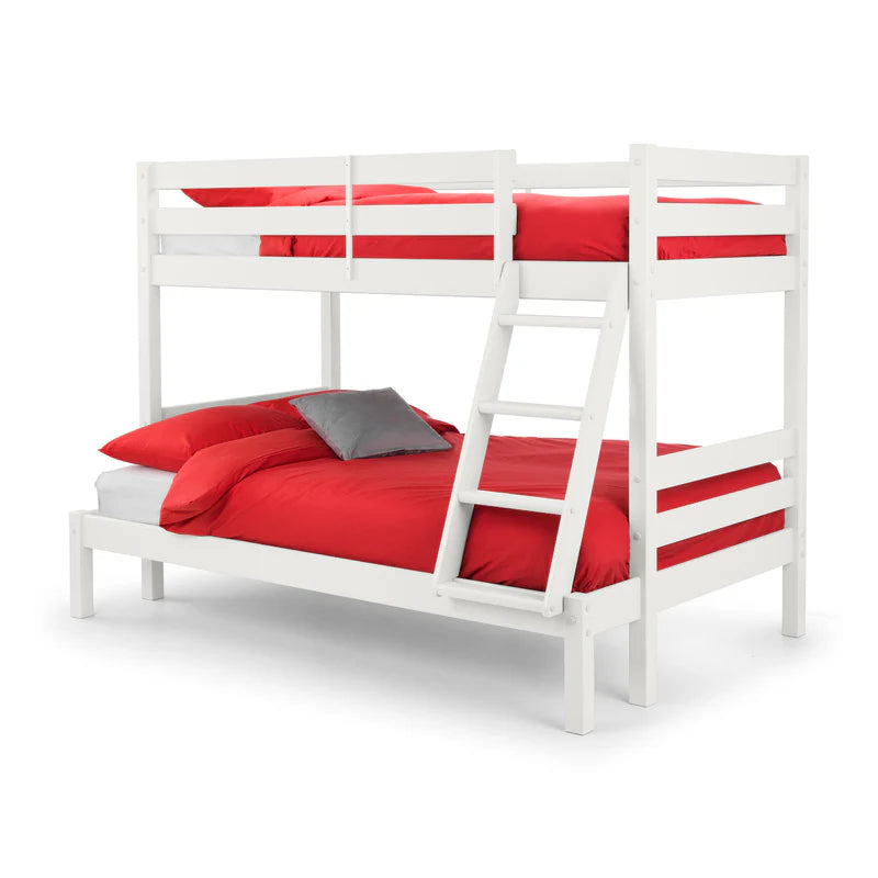 White bunk bed with red bedsheets on a white background