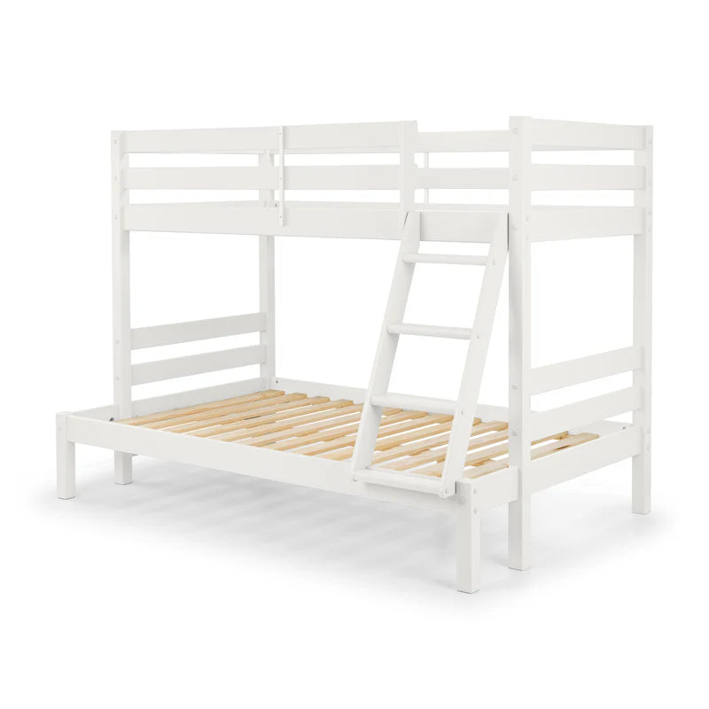 White wooden bunk bed with a ladder on a white background