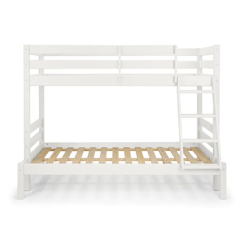 White wooden bunk bed with a slatted bed platform on a white background